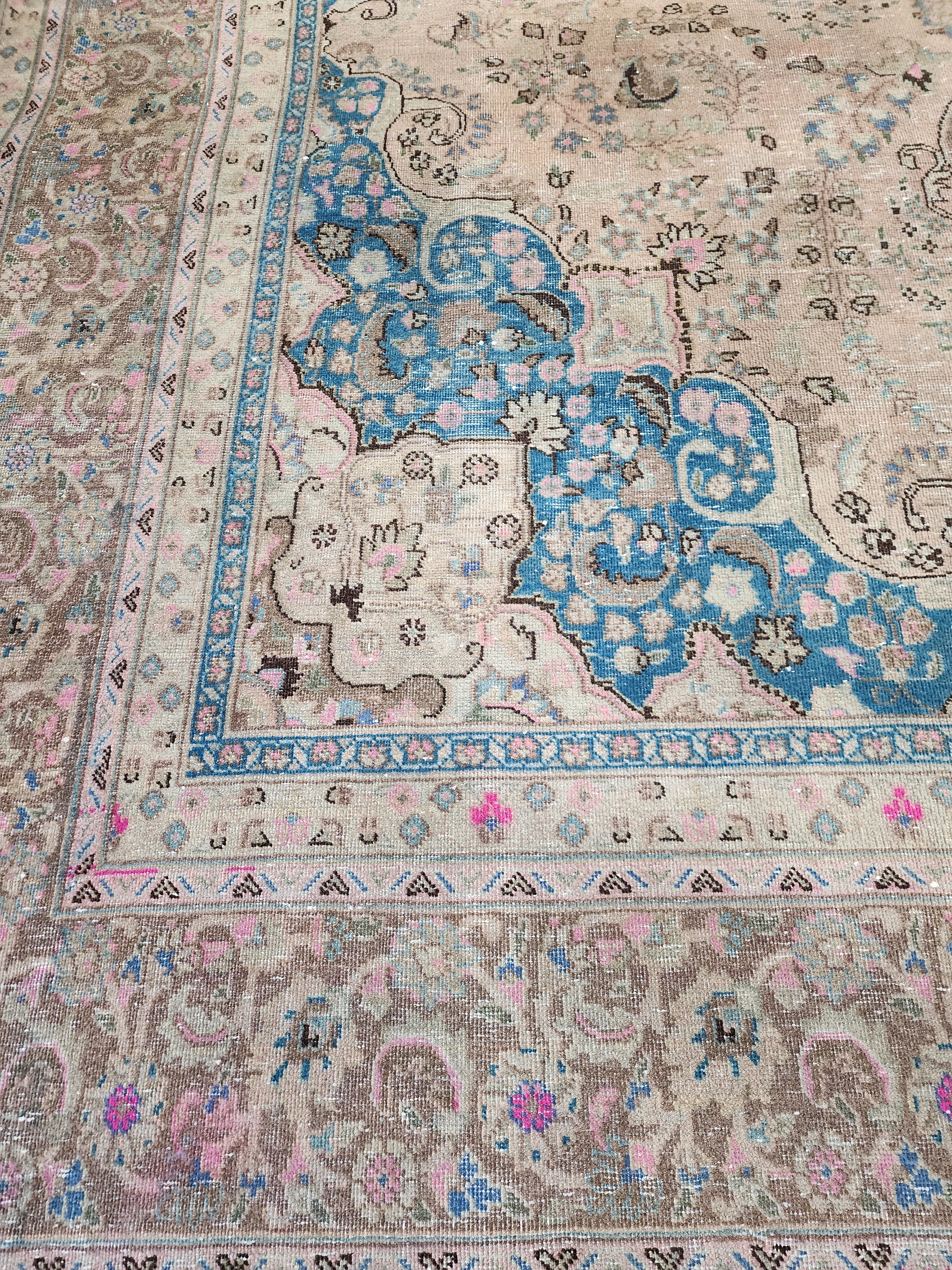 Large Persian Rug,  Beige Blue and Black Softly Coloured Natural Wool Pale Rug 12'2'' x 9'2''