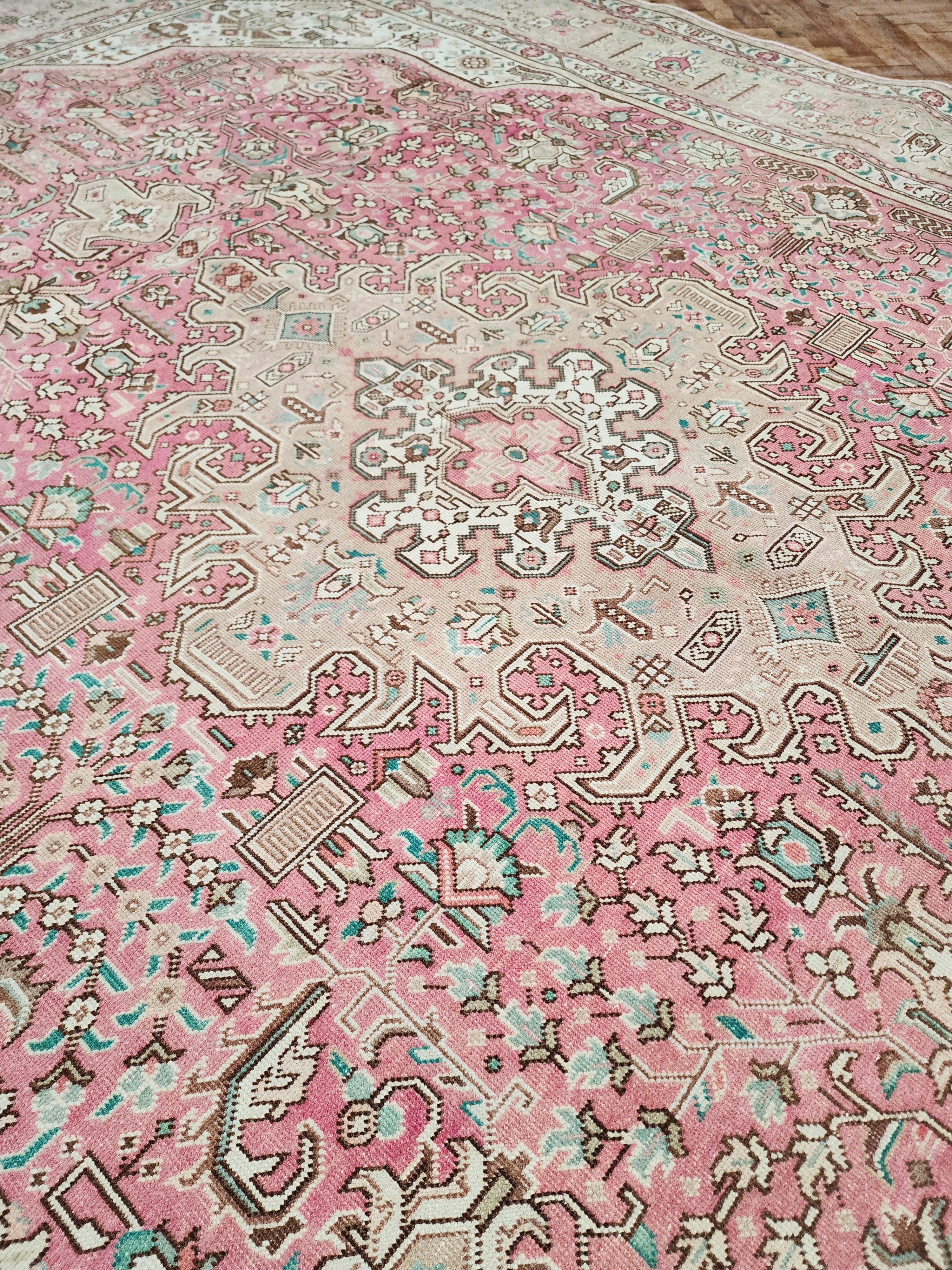 Floral Persian Tabriz Rug, Handwoven Natural Wool Boho Rustic Decor Living Room Rug, Pink Persian Rug 10'8''x7'5''