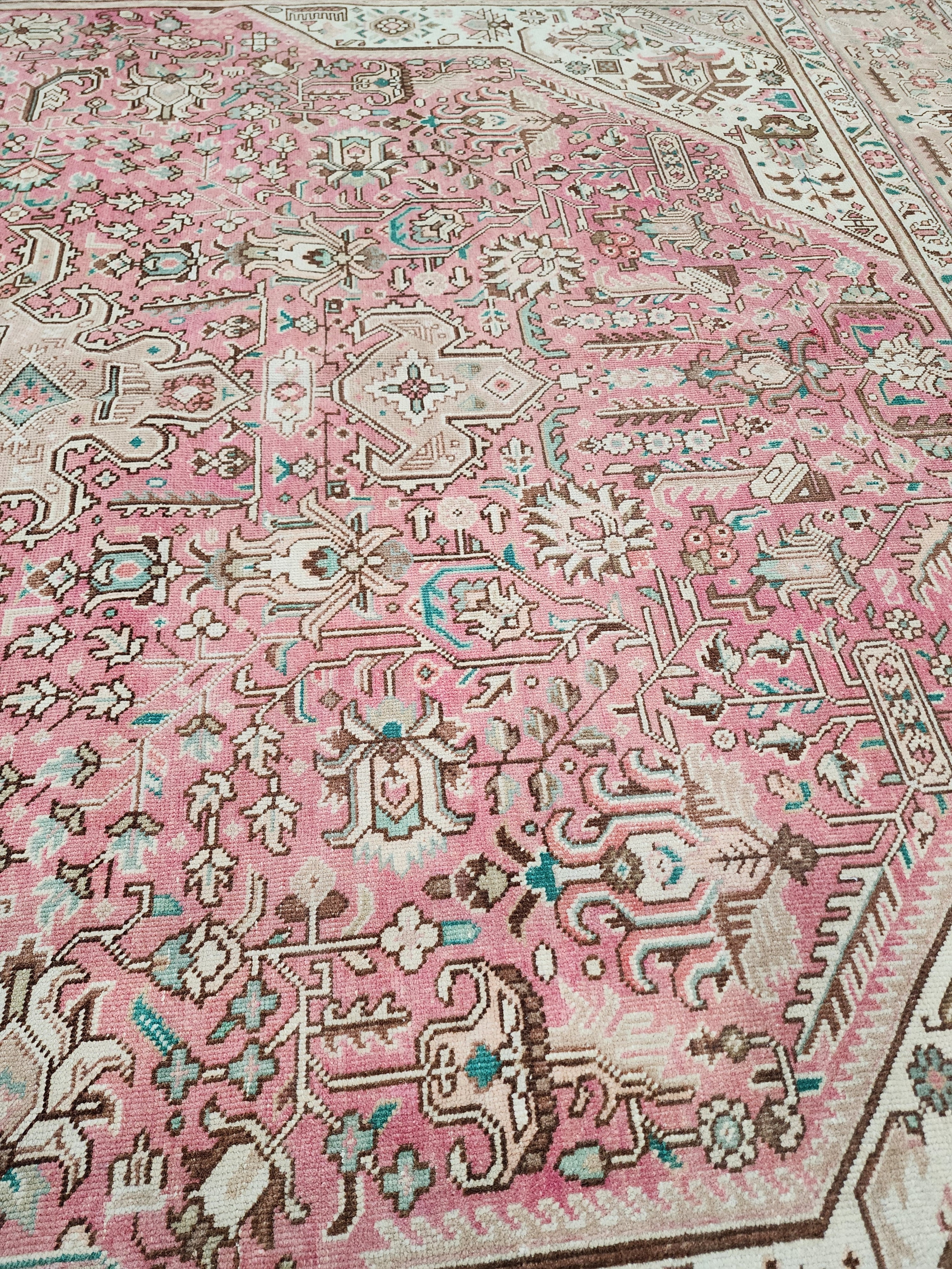 Floral Persian Tabriz Rug, Handwoven Natural Wool Boho Rustic Decor Living Room Rug, Pink Persian Rug 10'8''x7'5''