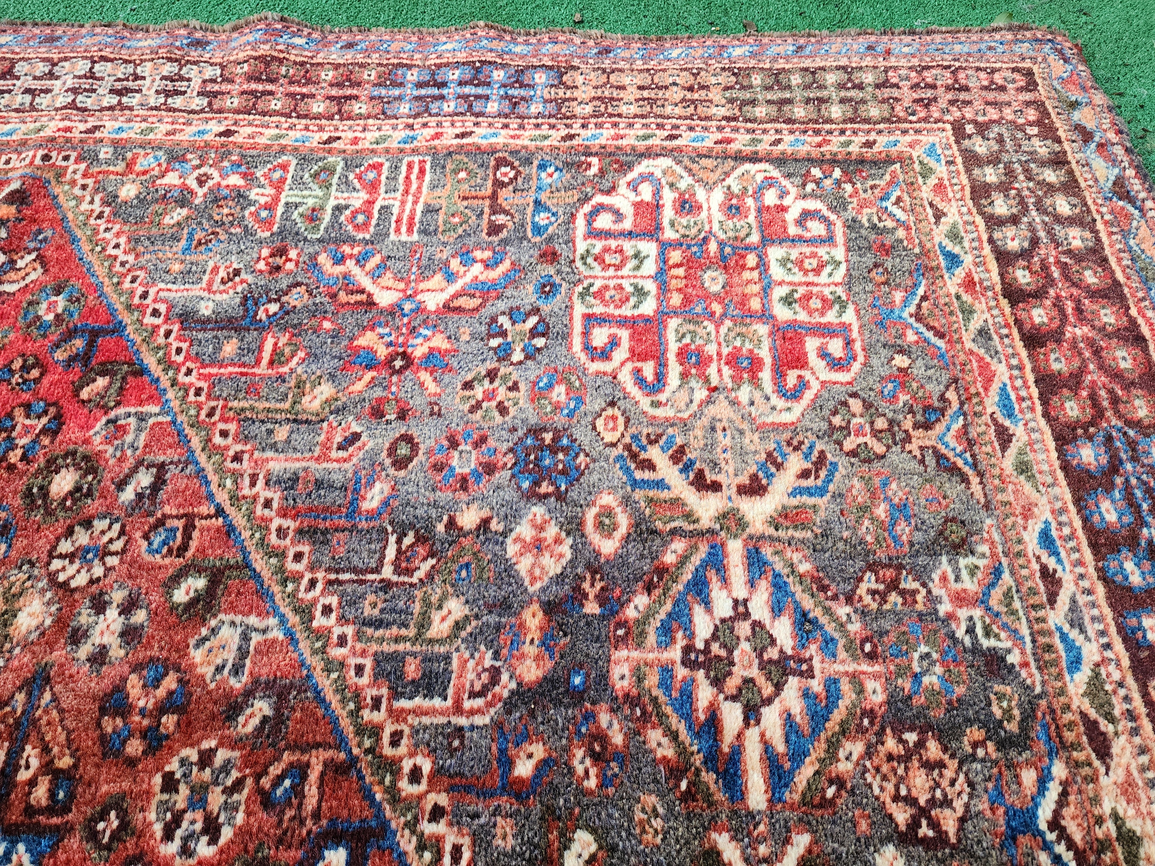 Antique Persian Shiraz Rug 8 ft 7 in x 5 ft 3 in, Red Brown and White Turkish Carpet Handmade from Natural Wool for Living or Dining Room