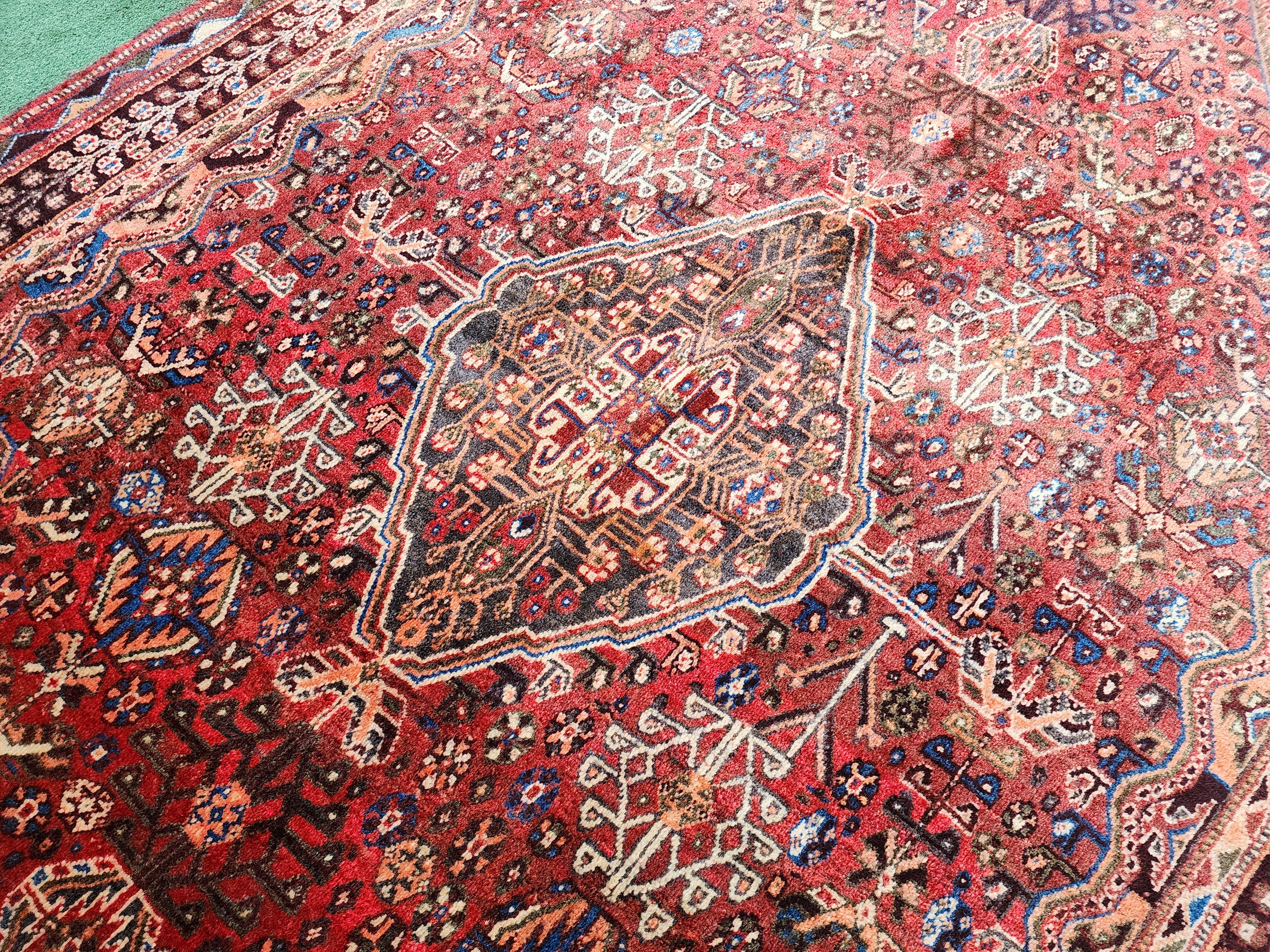 Antique Persian Shiraz Rug 8 ft 7 in x 5 ft 3 in, Red Brown and White Turkish Carpet Handmade from Natural Wool for Living or Dining Room