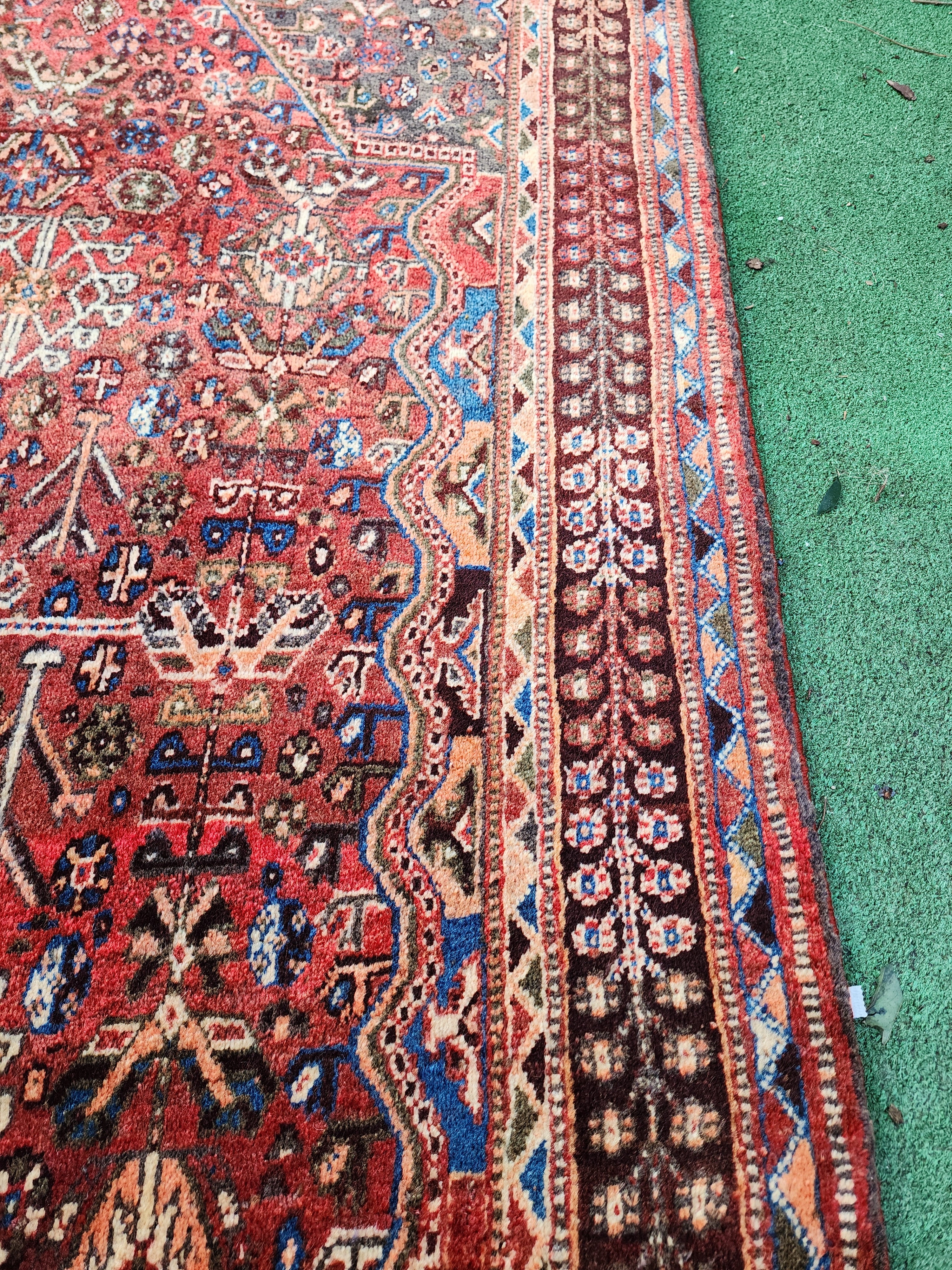 Antique Persian Shiraz Rug 8 ft 7 in x 5 ft 3 in, Red Brown and White Turkish Carpet Handmade from Natural Wool for Living or Dining Room