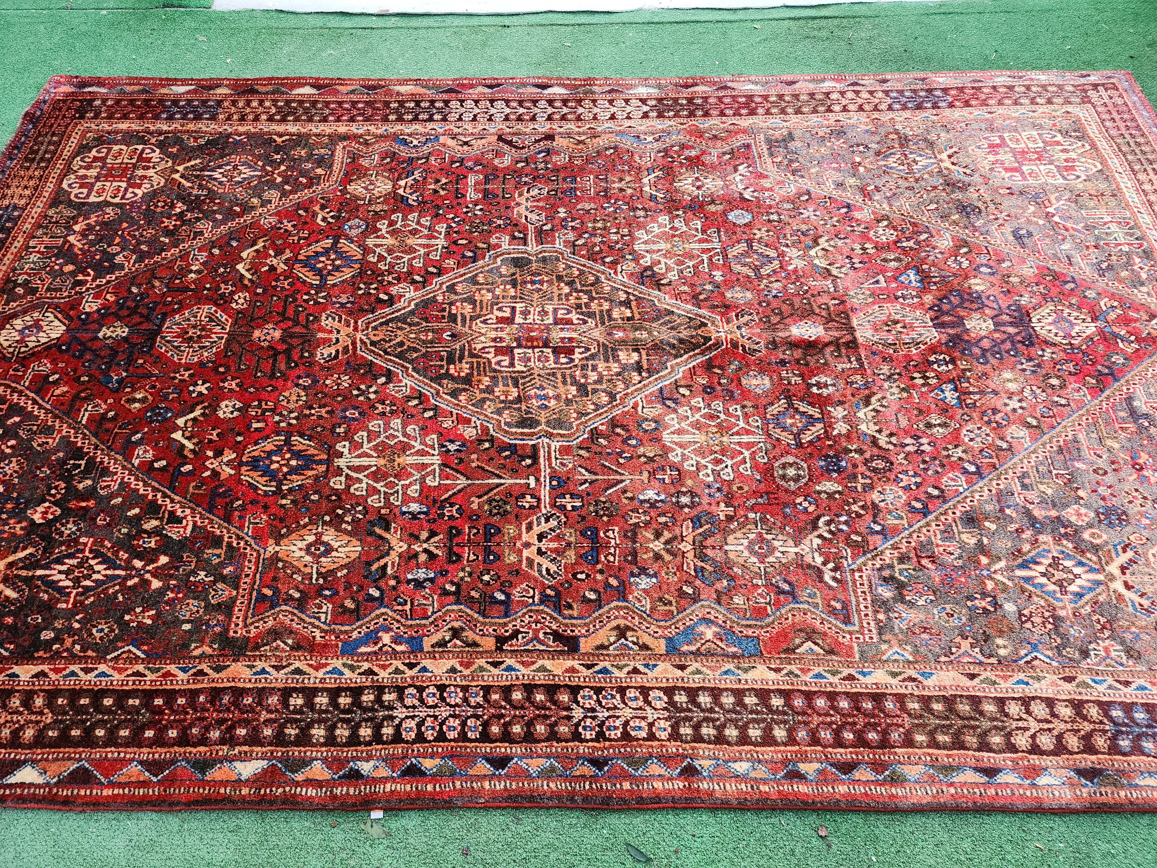 Antique Persian Shiraz Rug 8 ft 7 in x 5 ft 3 in, Red Brown and White Turkish Carpet Handmade from Natural Wool for Living or Dining Room
