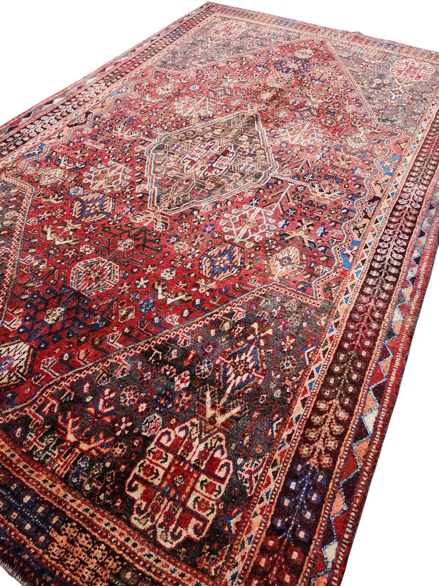 Antique Persian Shiraz Rug 8 ft 7 in x 5 ft 3 in, Red Brown and White Turkish Carpet Handmade from Natural Wool for Living or Dining Room