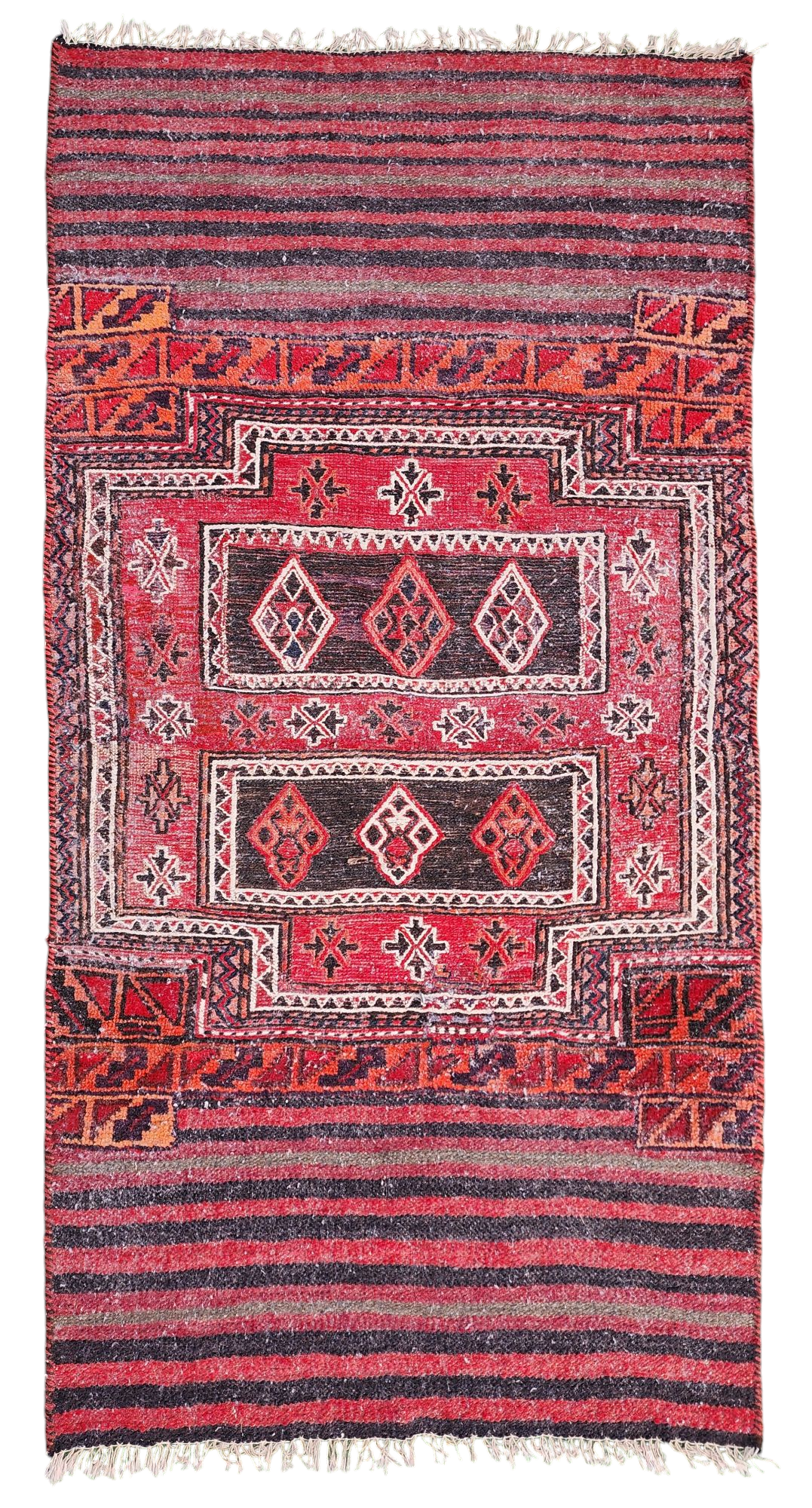 Handwoven Nomadic Rug with Horizontal Stripes and Geometric Medallions, 5'5'' x 2'3"