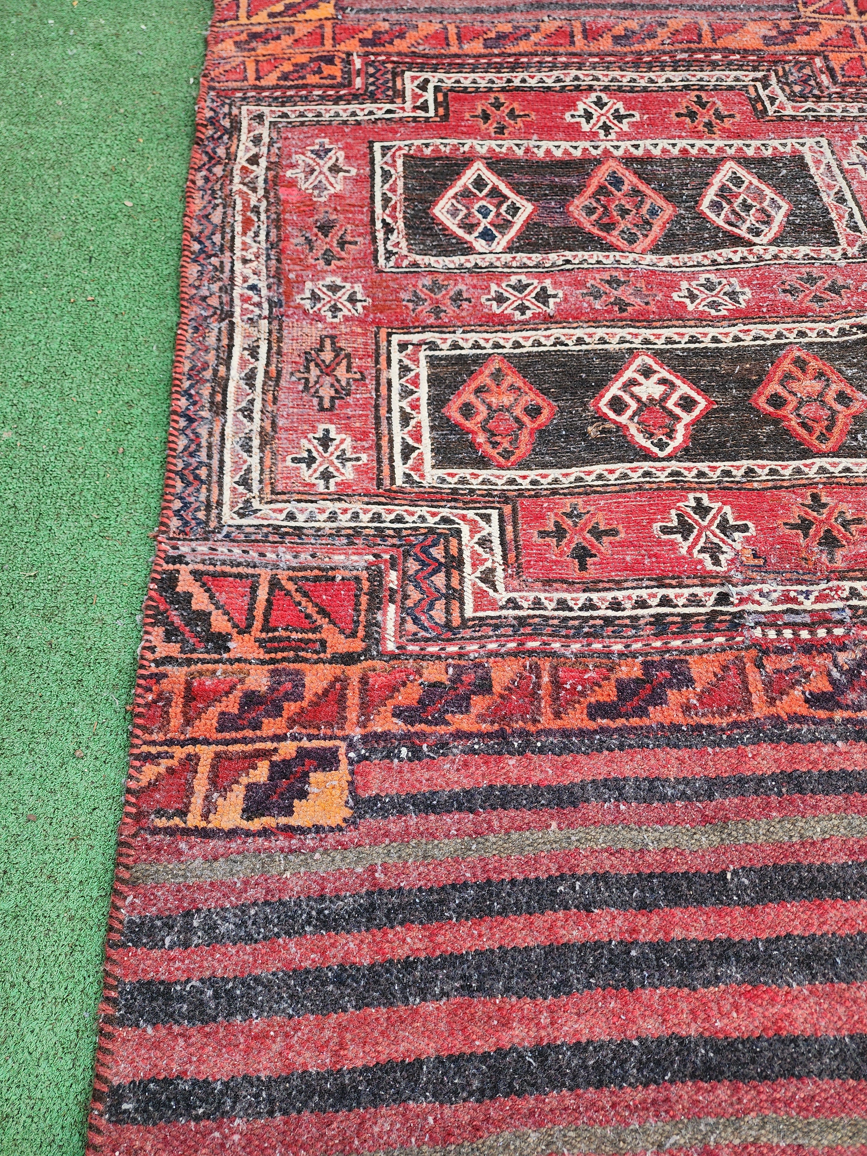 Handwoven Nomadic Rug with Horizontal Stripes and Geometric Medallions, 5'5'' x 2'3"
