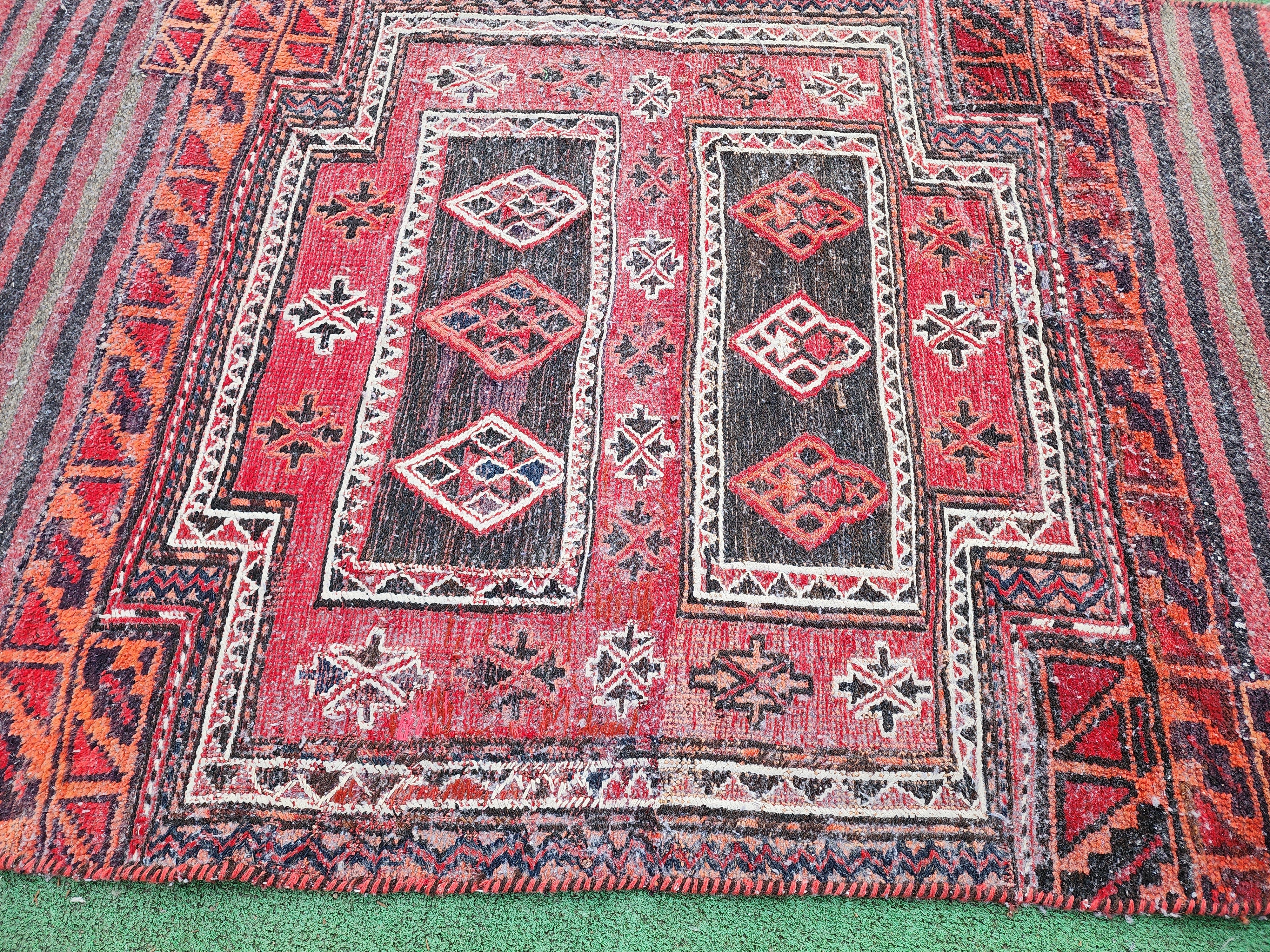Handwoven Nomadic Rug with Horizontal Stripes and Geometric Medallions, 5'5'' x 2'3"