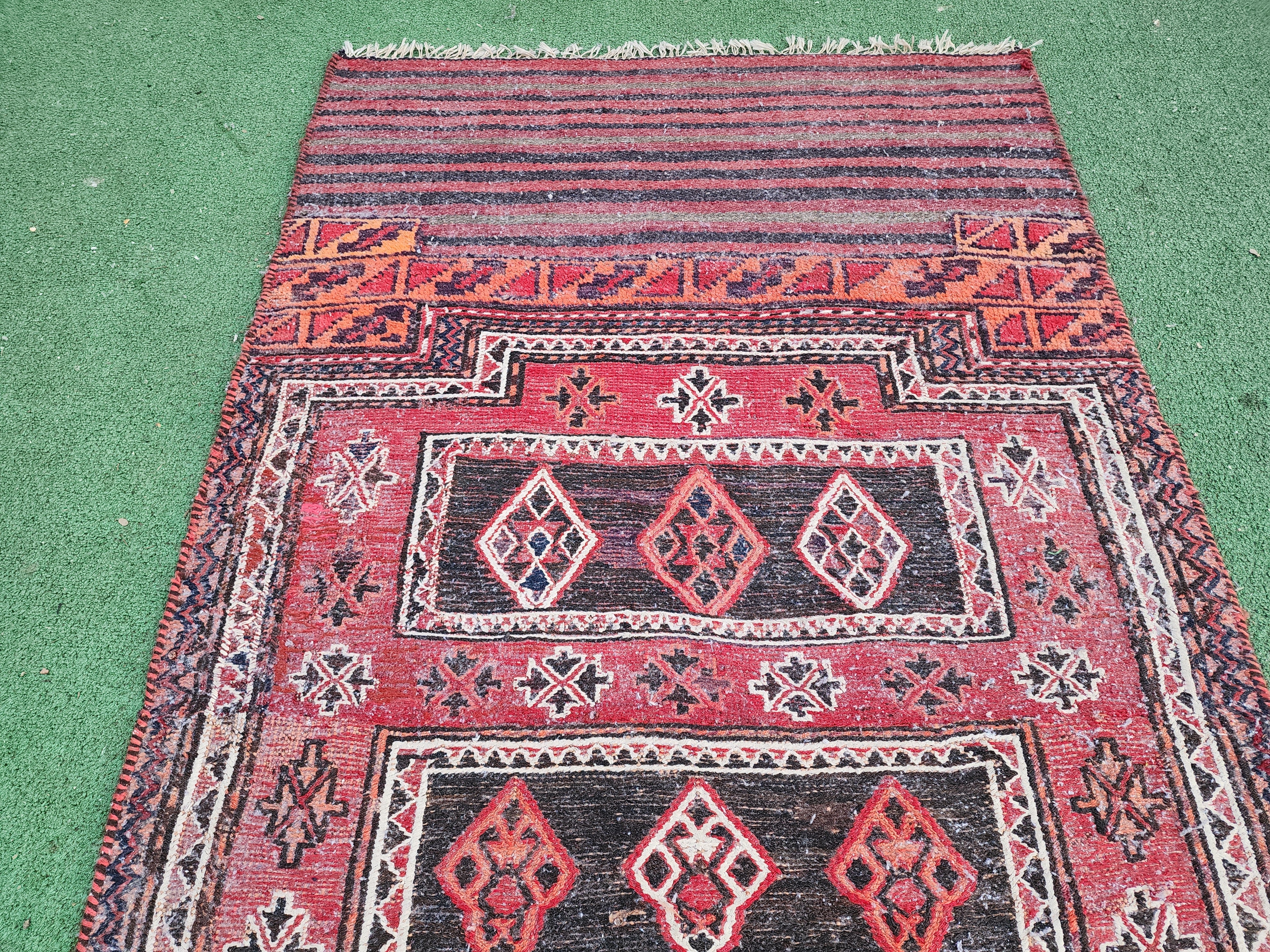Handwoven Nomadic Rug with Horizontal Stripes and Geometric Medallions, 5'5'' x 2'3"