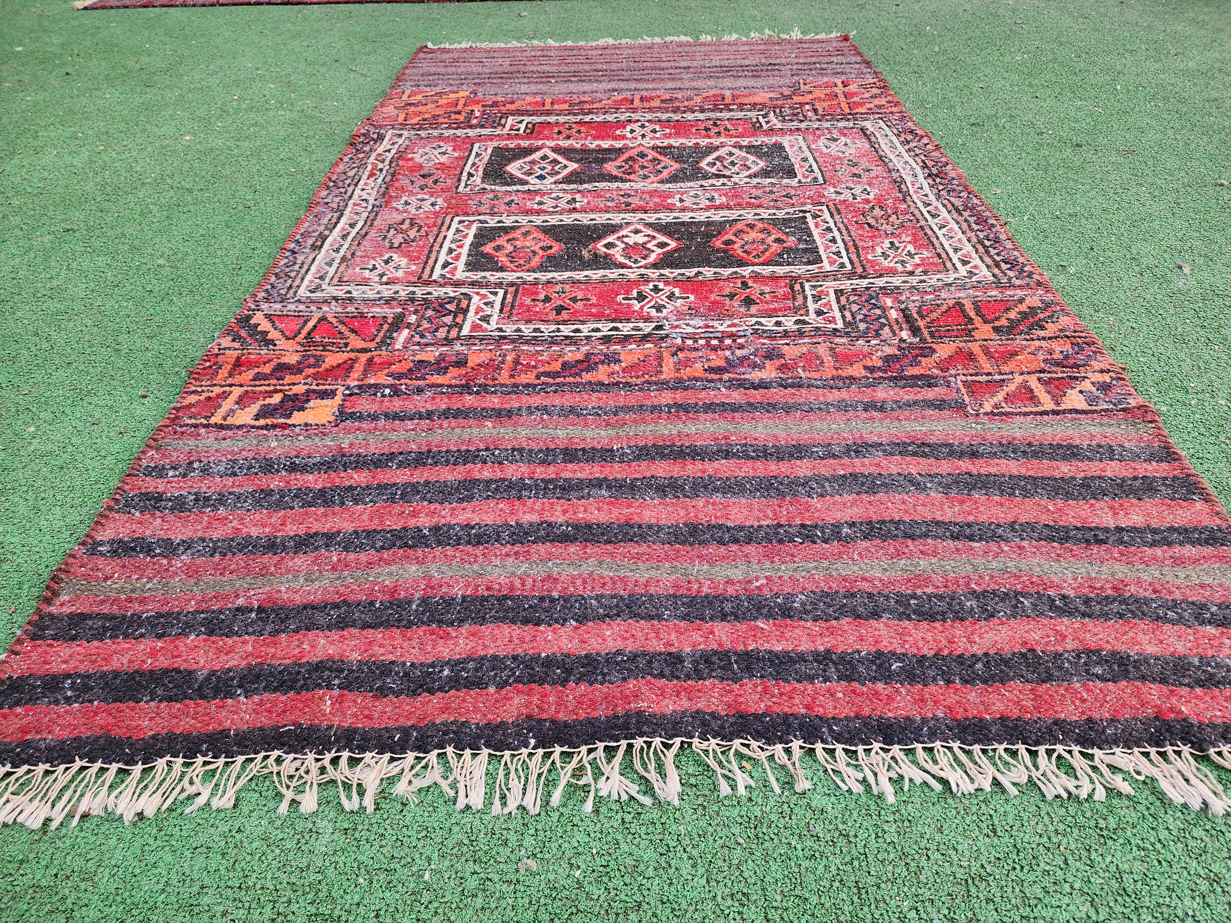 Handwoven Nomadic Rug with Horizontal Stripes and Geometric Medallions, 5'5'' x 2'3"