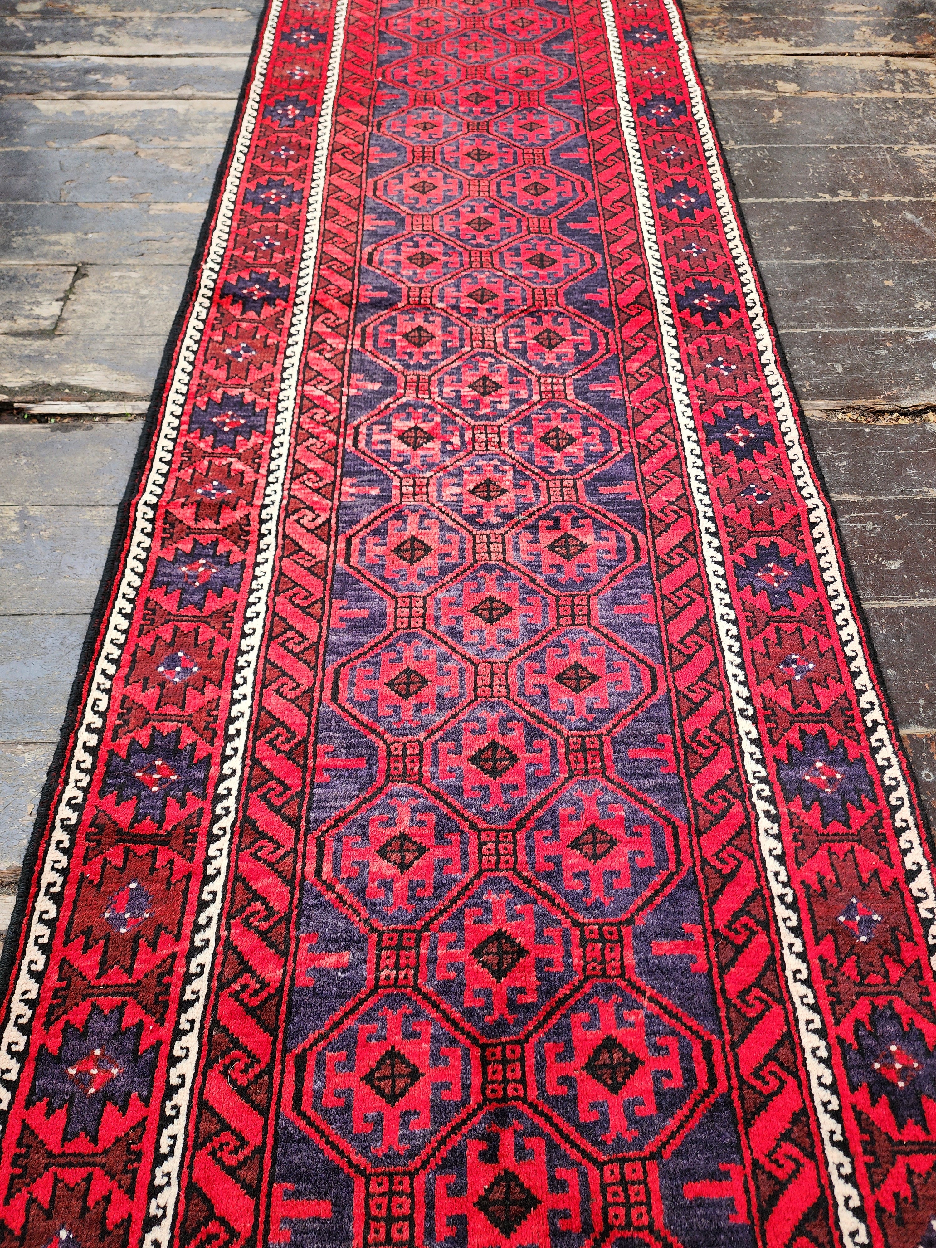 Persian Hallway Long Rug 14 x 3 ft Red and Blue Vintage Turkish Natural Wool Recycled Runner Rug, Boho Rustic Decor Antique Oriental Rug