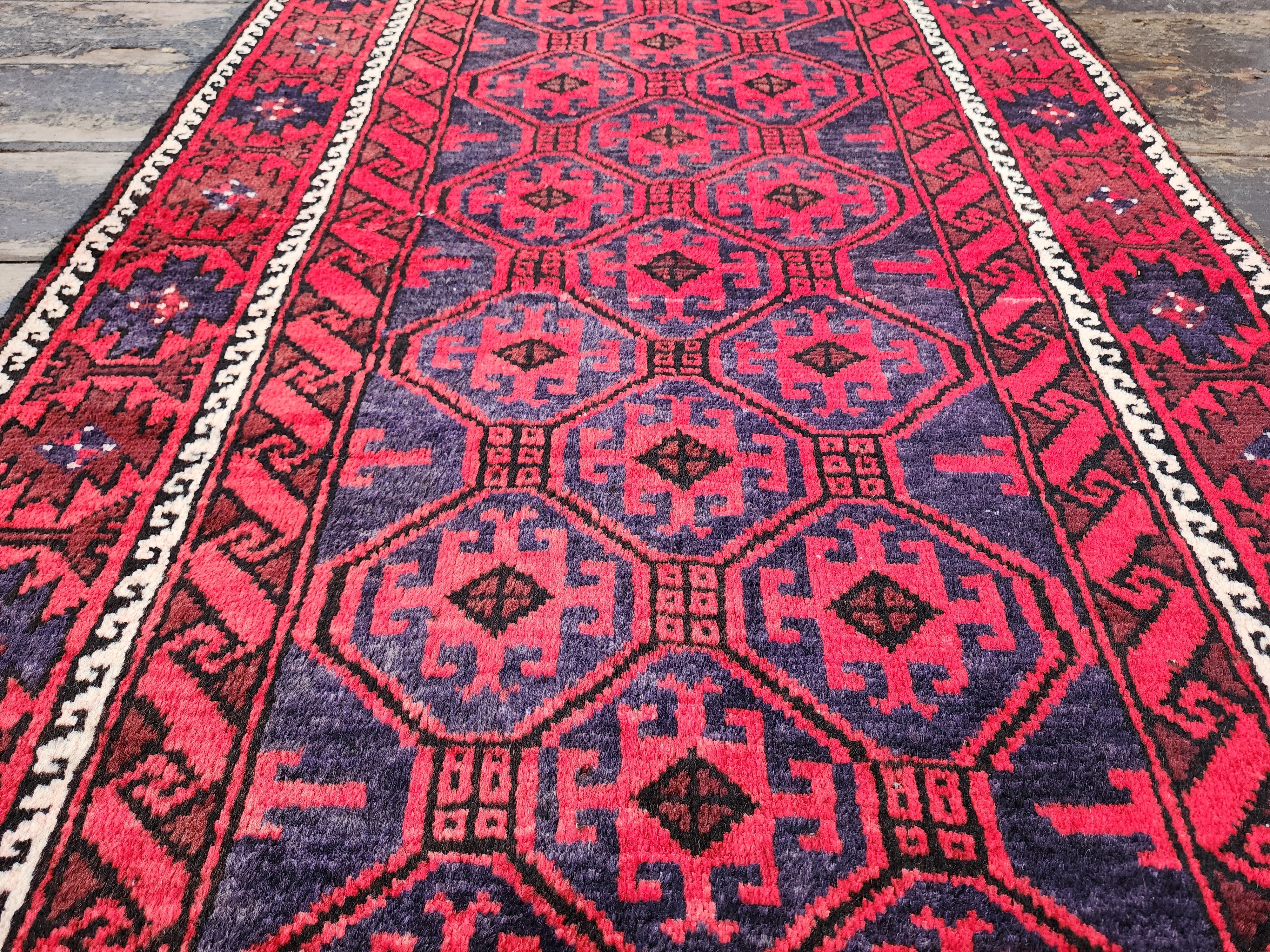 Persian Hallway Long Rug 14 x 3 ft Red and Blue Vintage Turkish Natural Wool Recycled Runner Rug, Boho Rustic Decor Antique Oriental Rug