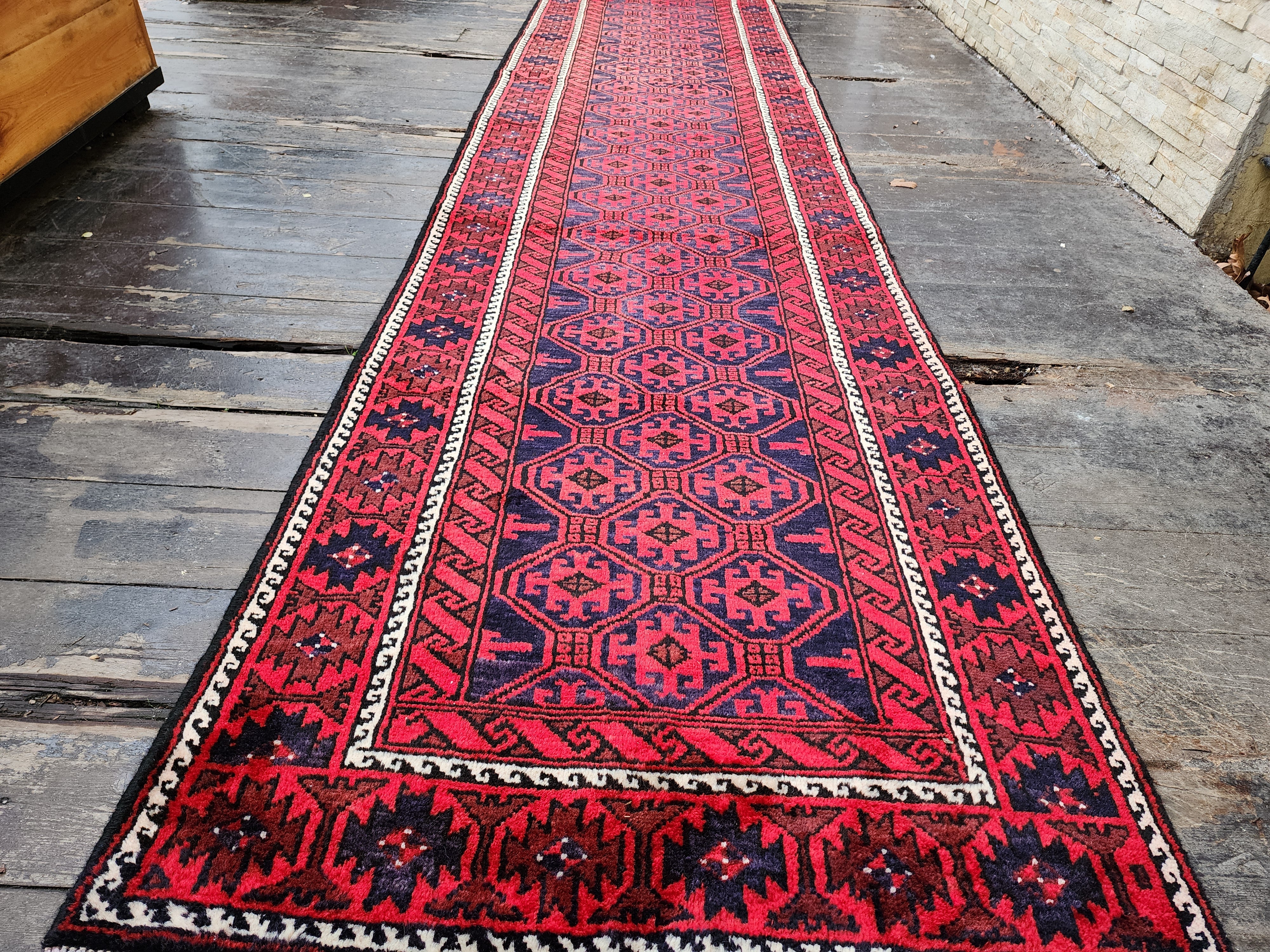 Persian Hallway Long Rug 14 x 3 ft Red and Blue Vintage Turkish Natural Wool Recycled Runner Rug, Boho Rustic Decor Antique Oriental Rug