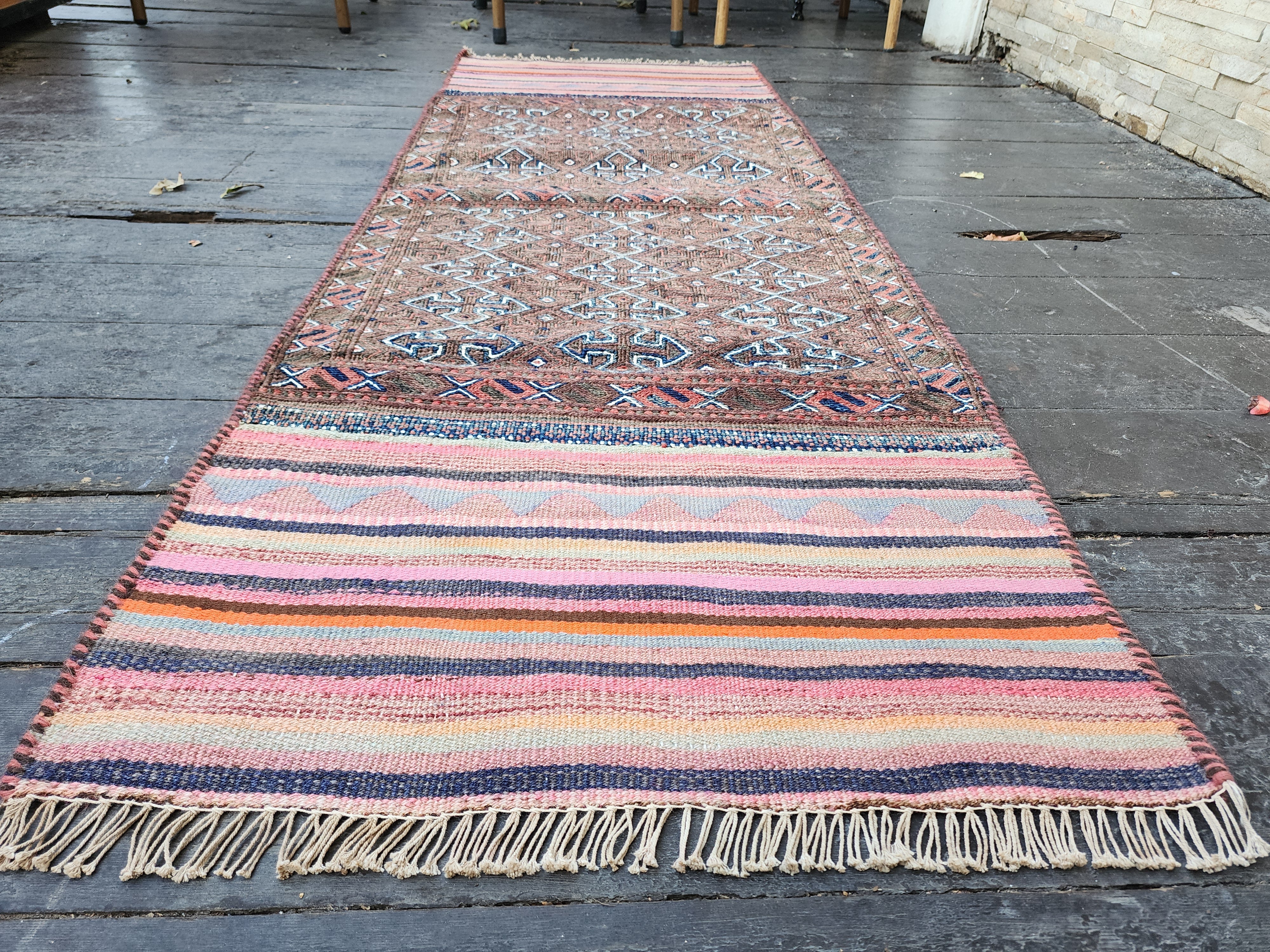 Vintage Persian Kilim Runner Rug, 5 ft 9 in x 2 ft 11 in, Purple and Pink Vintage Turkish Rug Handmade from Natural Wool