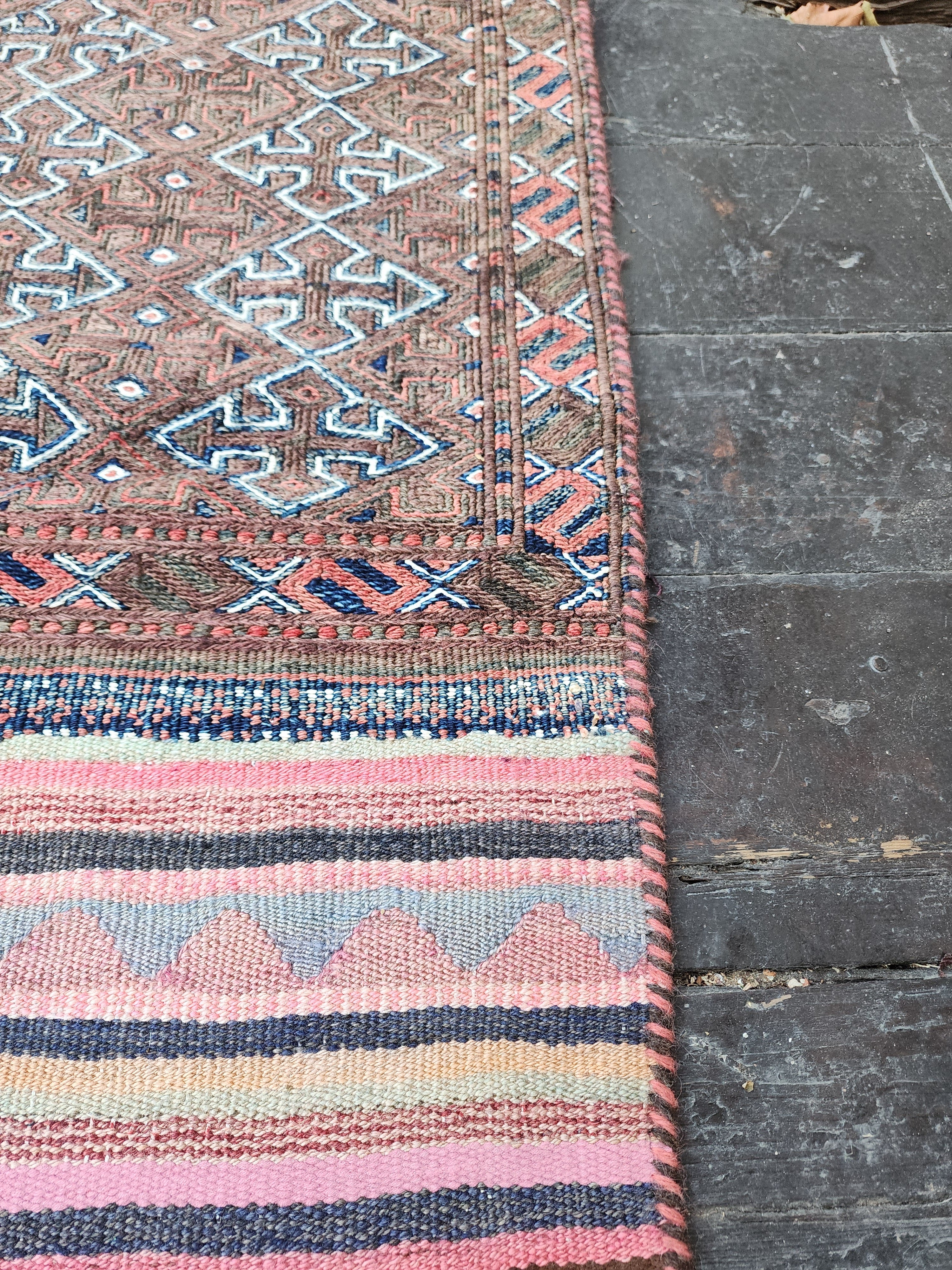 Vintage Persian Kilim Runner Rug, 5 ft 9 in x 2 ft 11 in, Purple and Pink Vintage Turkish Rug Handmade from Natural Wool