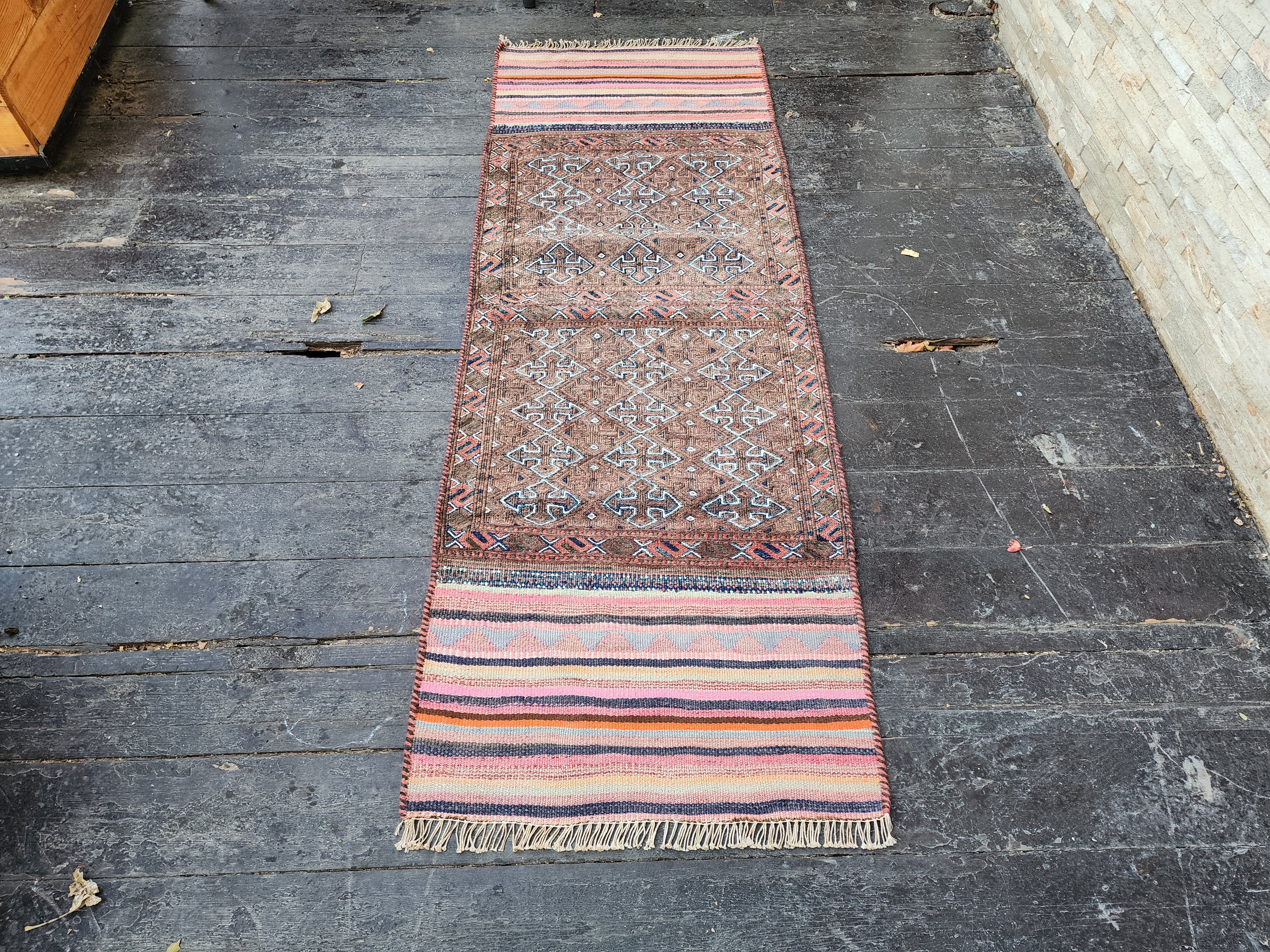 Vintage Persian Kilim Runner Rug, 5 ft 9 in x 2 ft 11 in, Purple and Pink Vintage Turkish Rug Handmade from Natural Wool