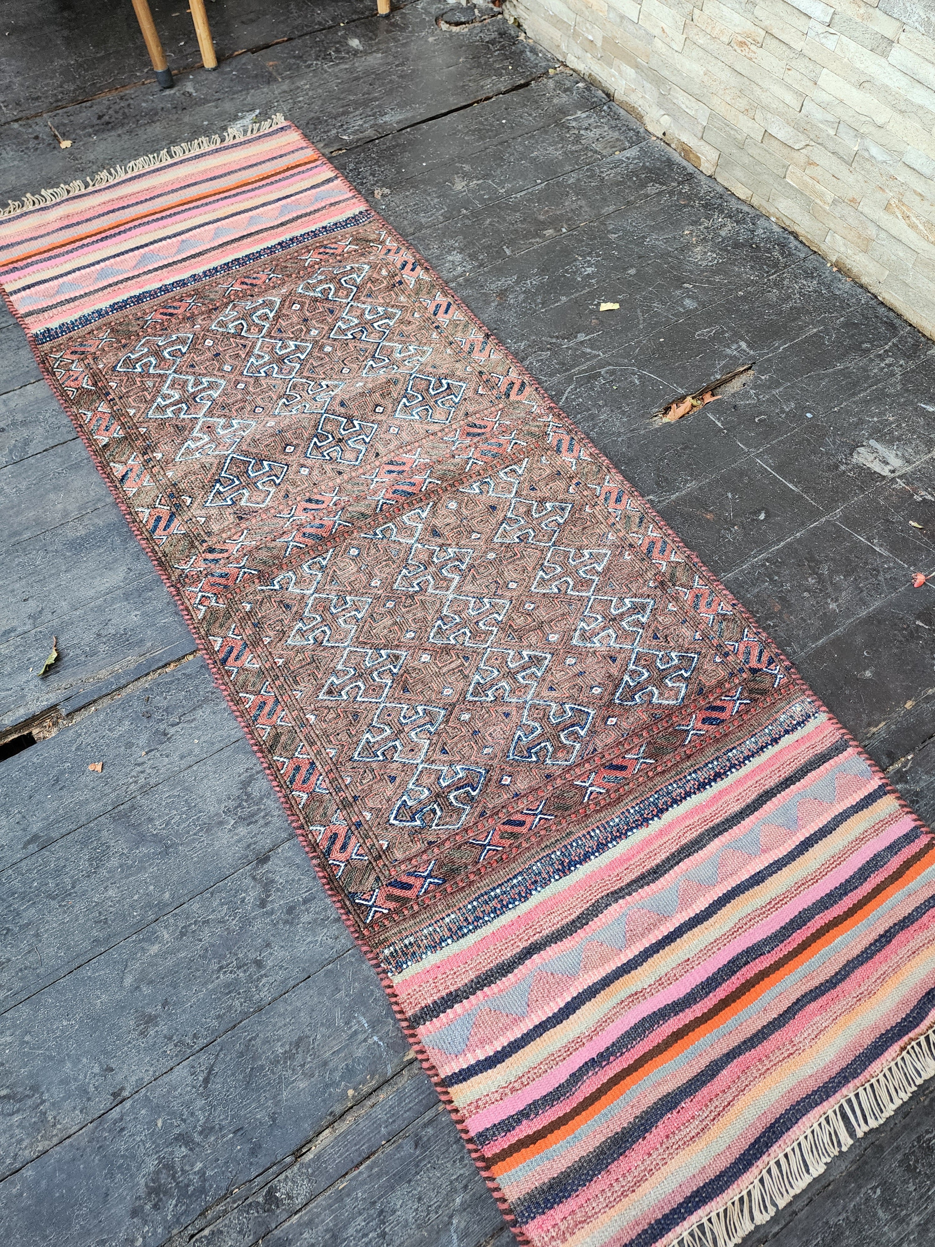 Vintage Persian Kilim Runner Rug, 5 ft 9 in x 2 ft 11 in, Purple and Pink Vintage Turkish Rug Handmade from Natural Wool