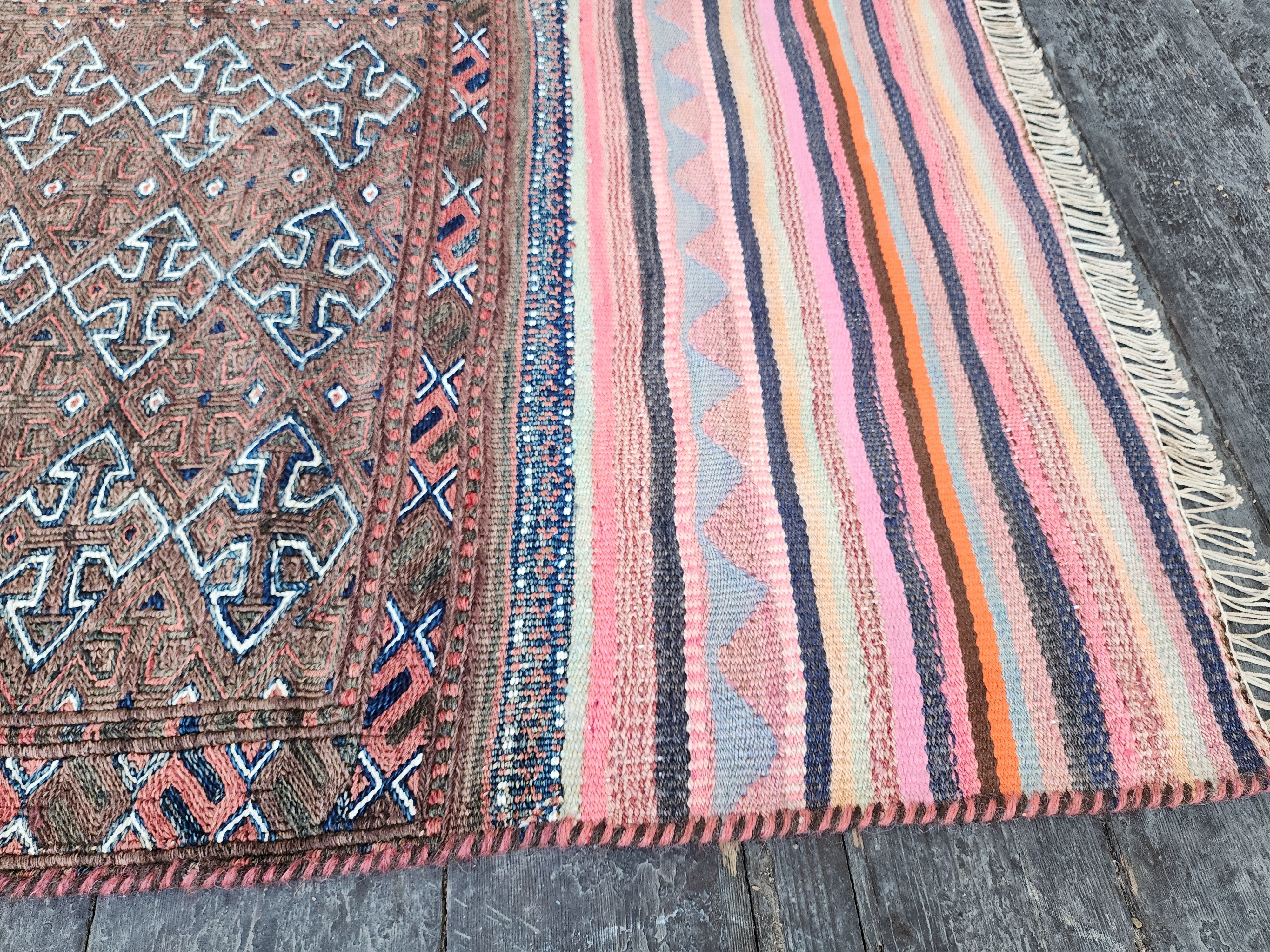 Vintage Persian Kilim Runner Rug, 5 ft 9 in x 2 ft 11 in, Purple and Pink Vintage Turkish Rug Handmade from Natural Wool