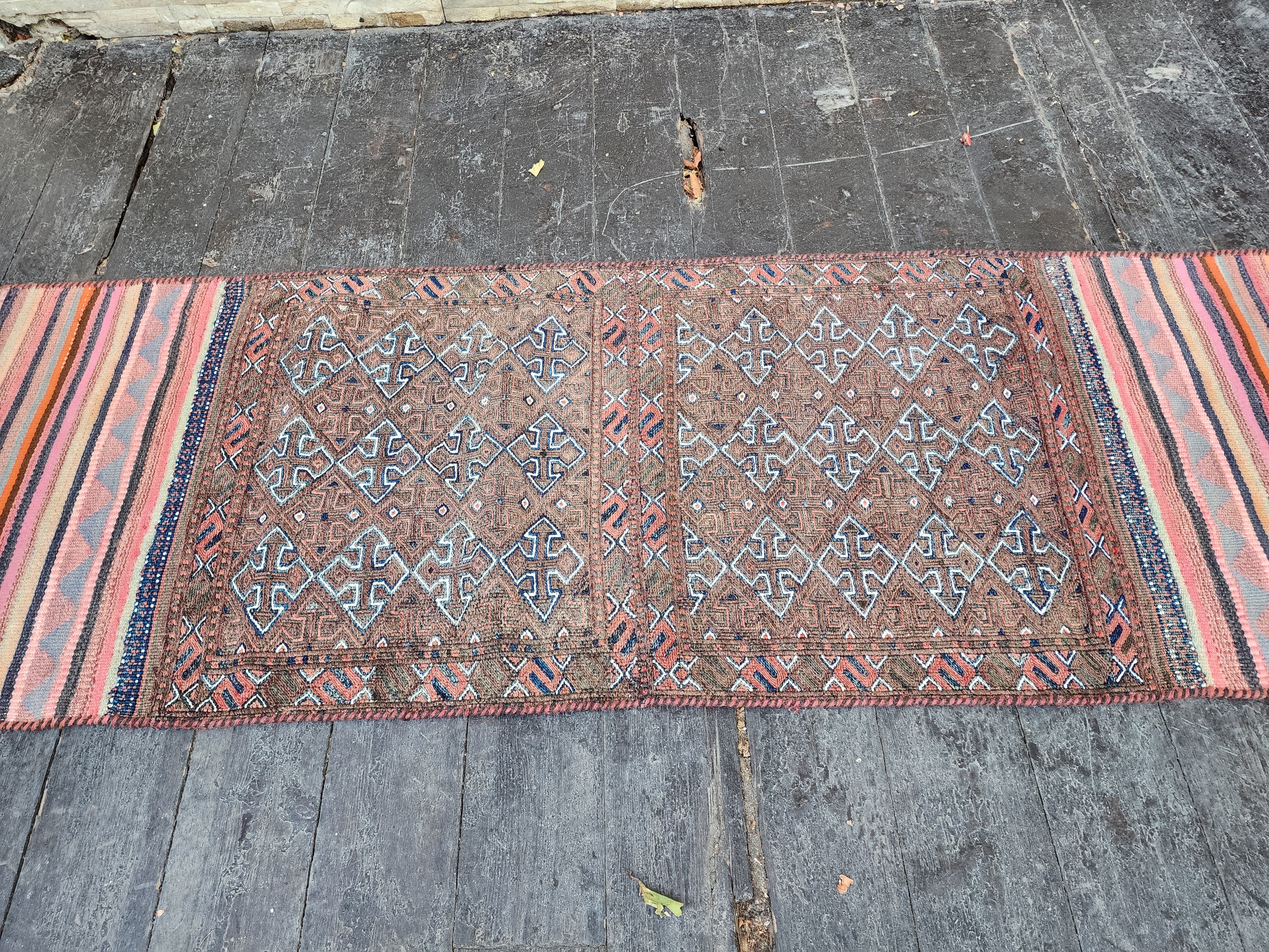 Vintage Persian Kilim Runner Rug, 5 ft 9 in x 2 ft 11 in, Purple and Pink Vintage Turkish Rug Handmade from Natural Wool