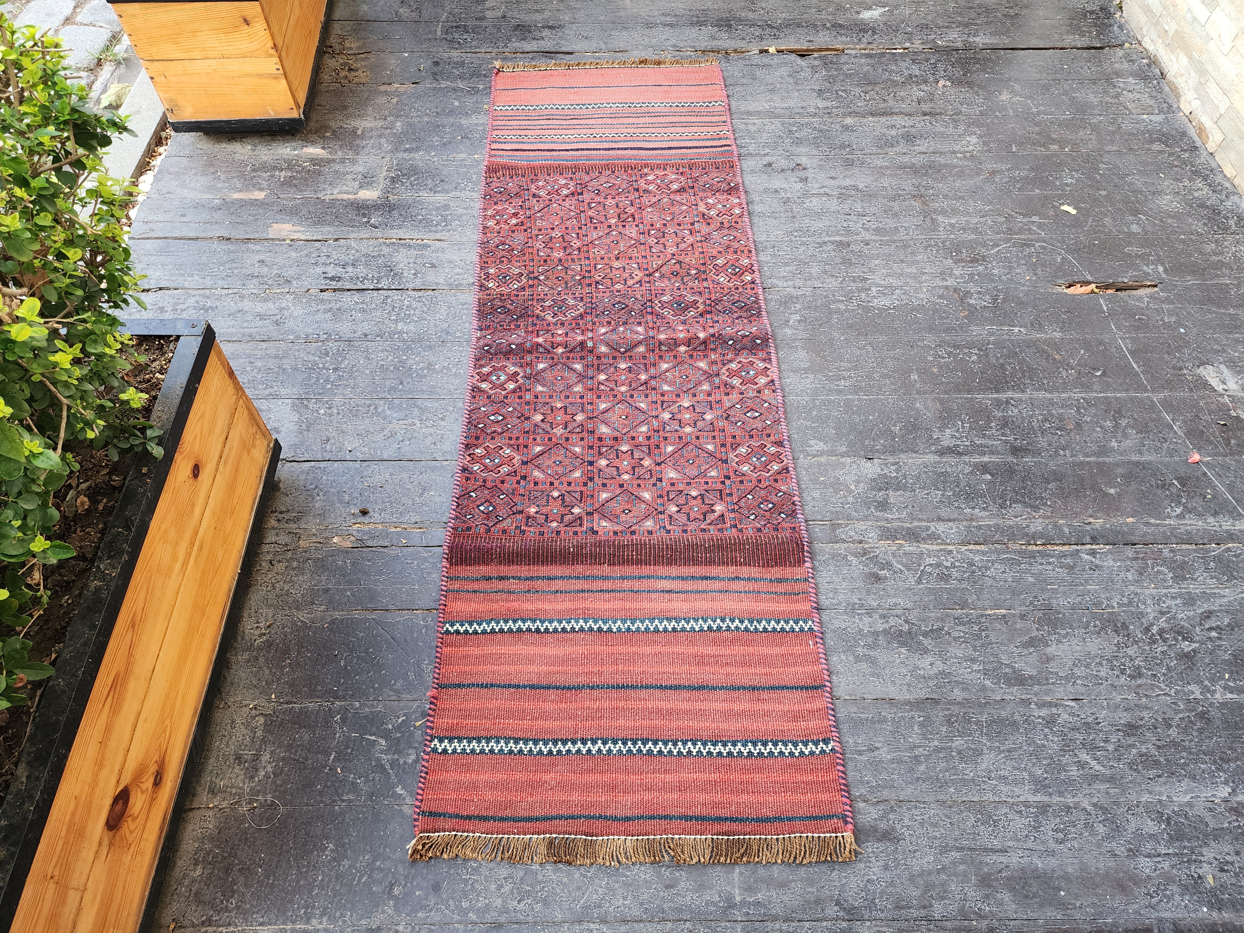 Vintage Kilim Runner Rug: 6x2 ft Handmade Wool Turkish Corridor Rug