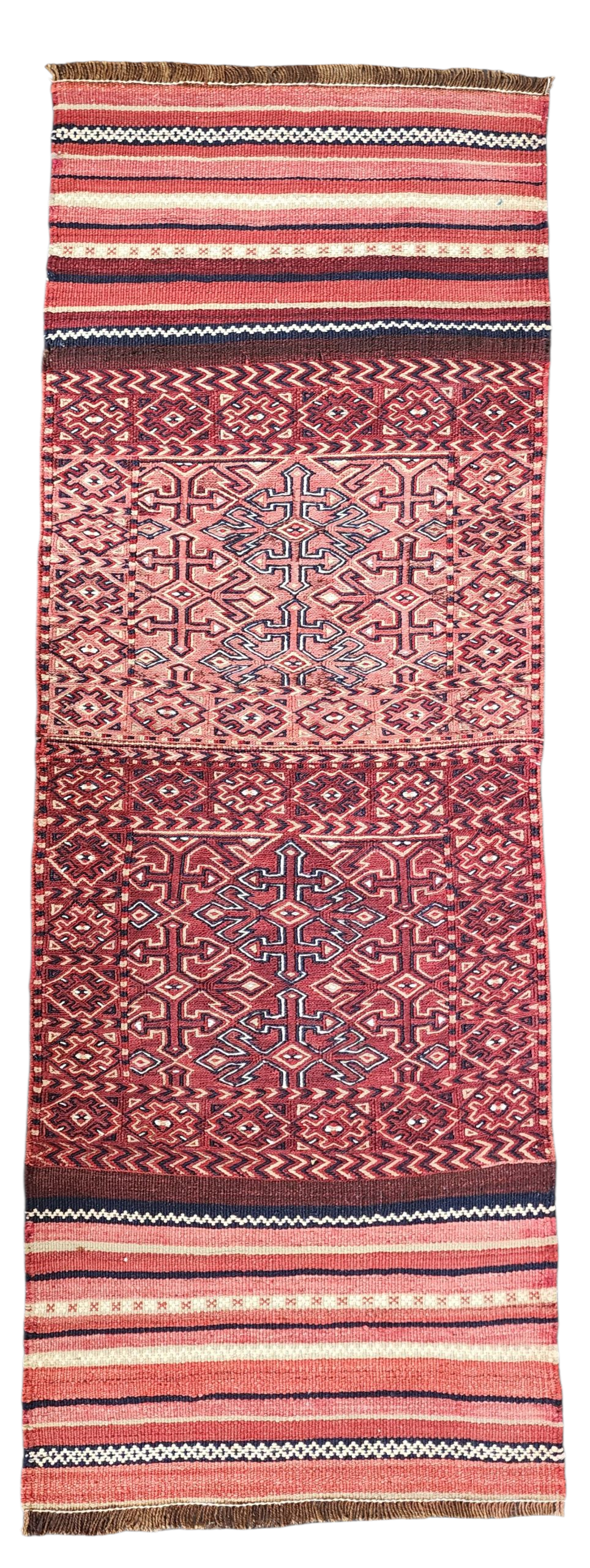 Vintage Persian Kilim Runner Rug, 6 ft 7 in x 2 ft 3 in, Pink, Red, and Off-White Vintage Turkish Rug Handmade from Natural Wool