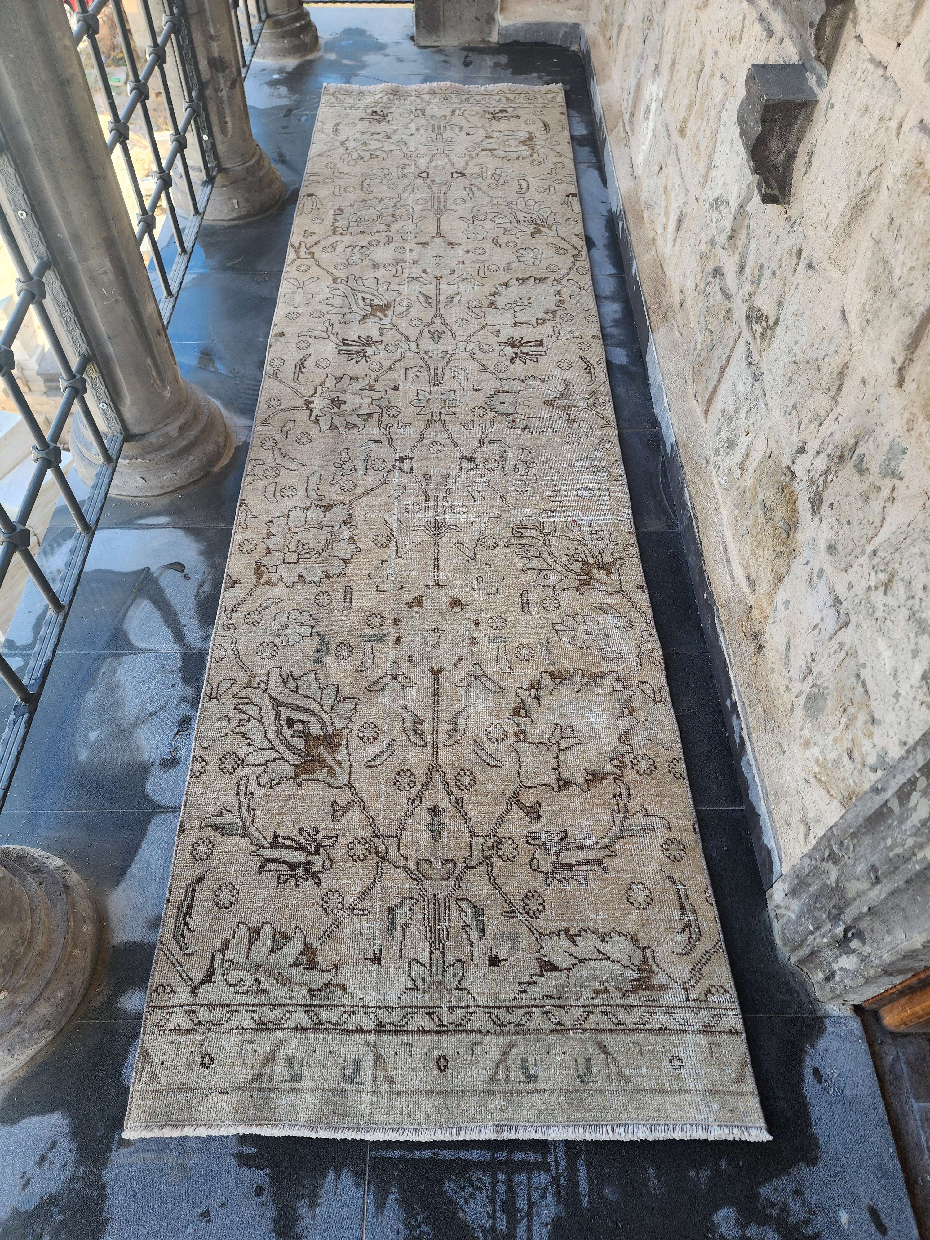 Vintage Persian Tabriz Runner Rug: Hand-Woven Wool, 9'11'' x 2'8''