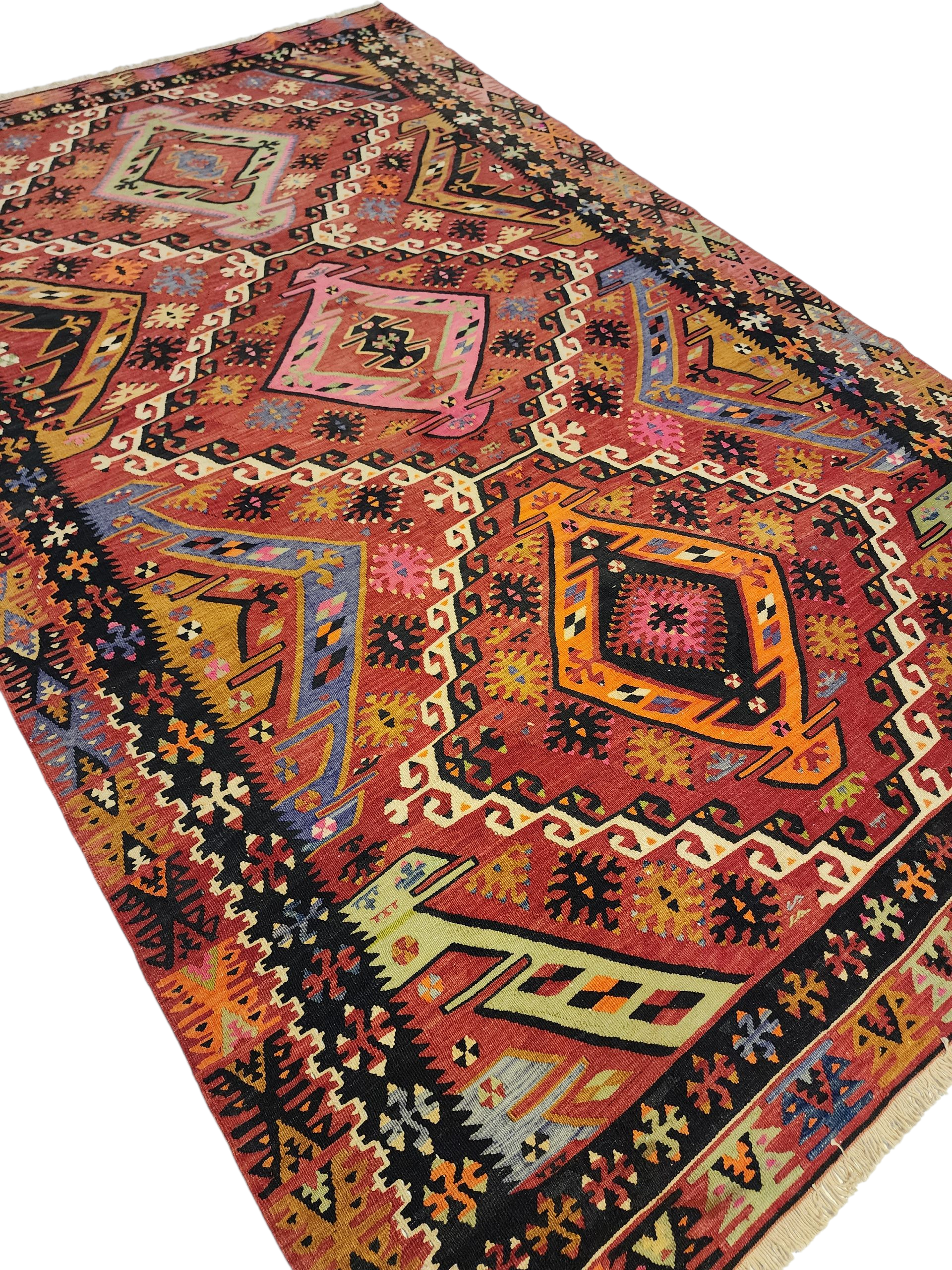 Handmade Turkish Kilim Rug: Vintage Wool Anatolian Boho Decor (9 ft x 5 ft 9 in)