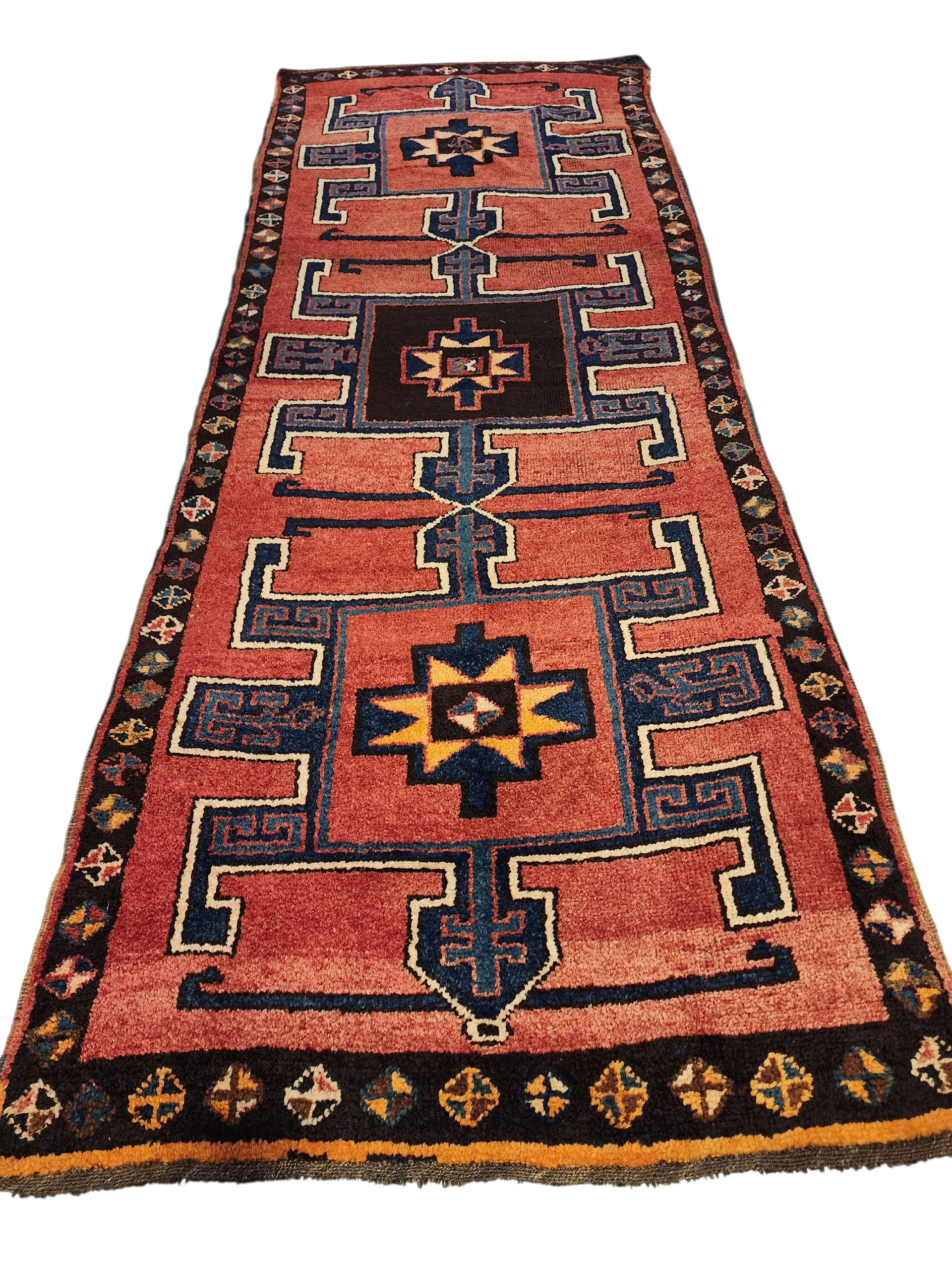 Wide Hallway Turkish Herki Rug 11 x 4 ft Red Blue Boho Rustic Persian Corridor Floor Rug, Vintage Natural Wool Passage Lounge Kitchen Rug