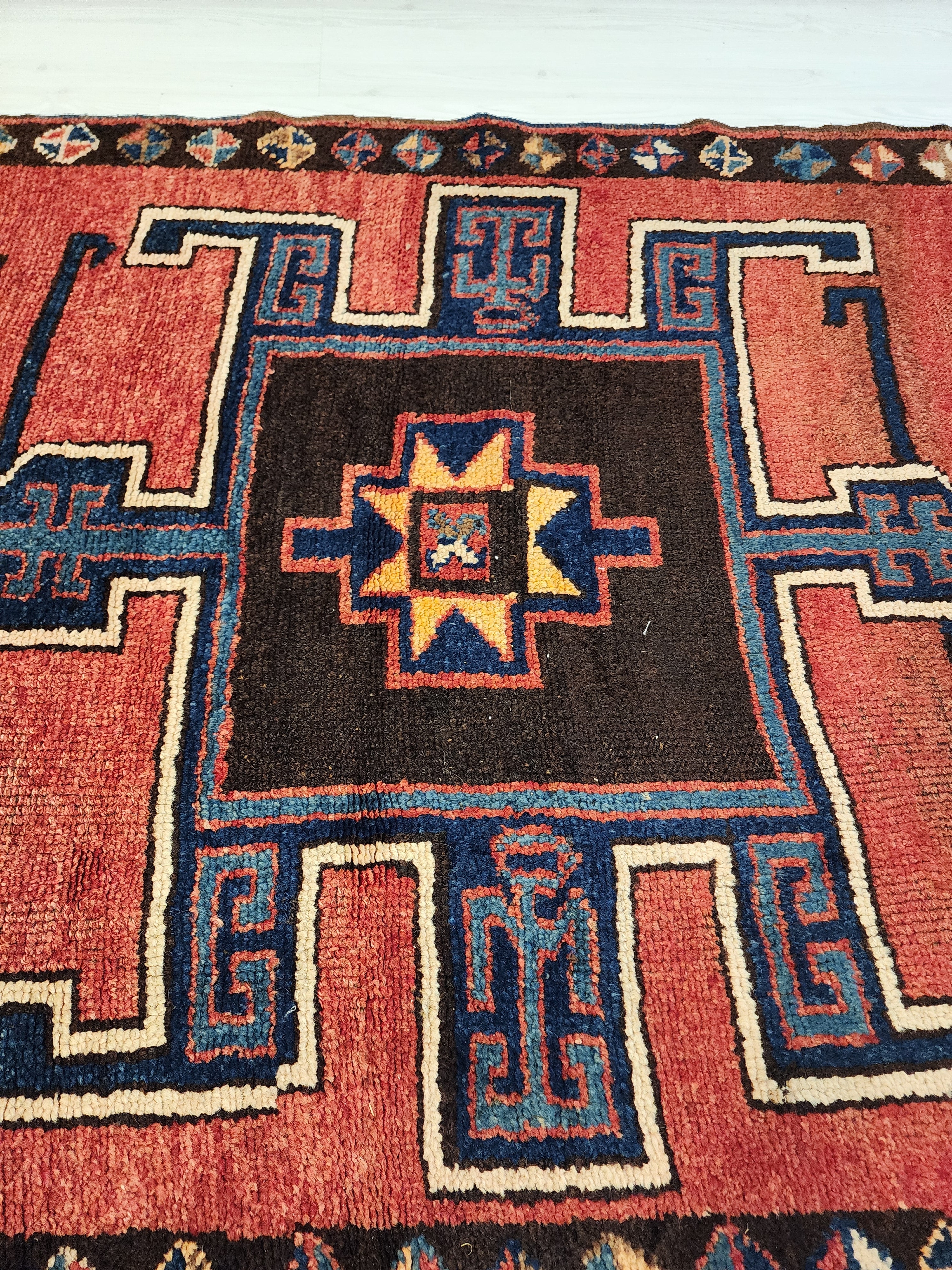 Wide Hallway Turkish Herki Rug 11 x 4 ft Red Blue Boho Rustic Persian Corridor Floor Rug, Vintage Natural Wool Passage Lounge Kitchen Rug