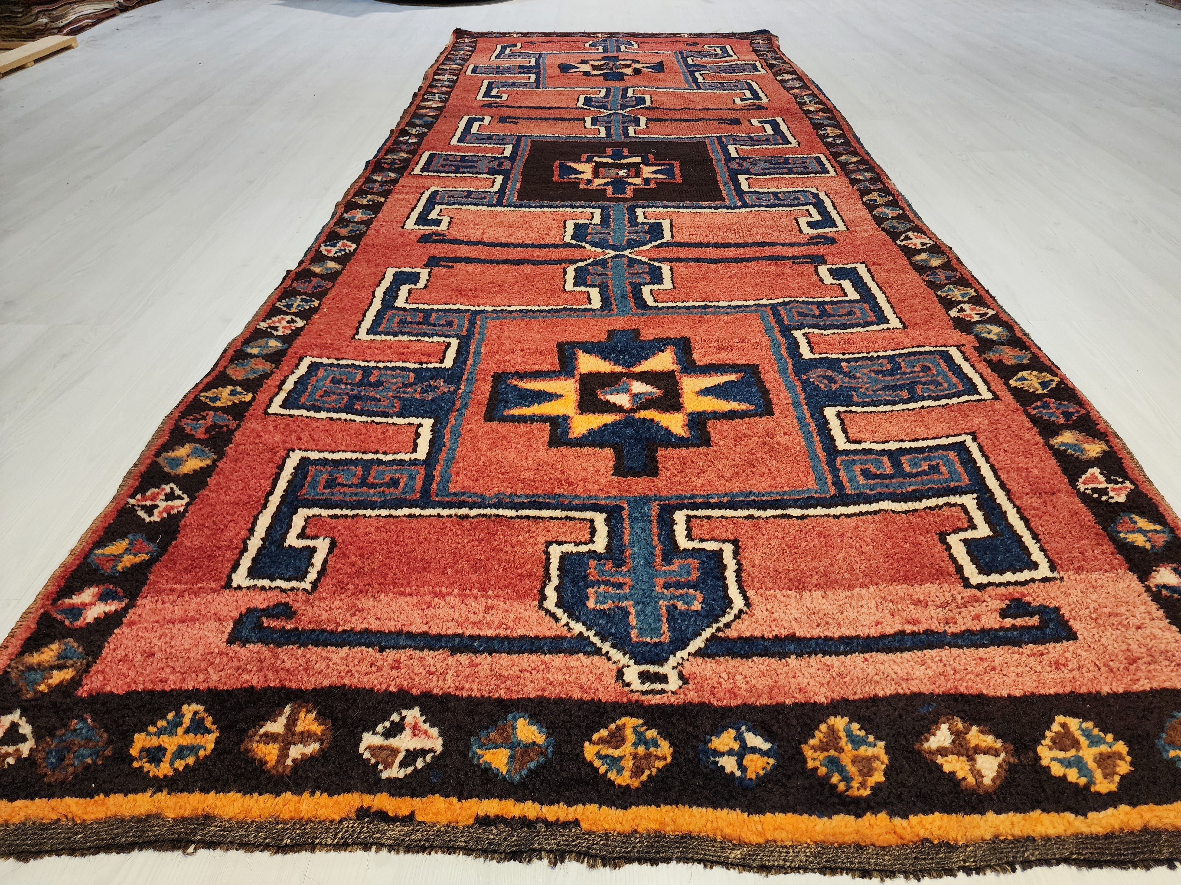 Wide Hallway Turkish Herki Rug 11 x 4 ft Red Blue Boho Rustic Persian Corridor Floor Rug, Vintage Natural Wool Passage Lounge Kitchen Rug