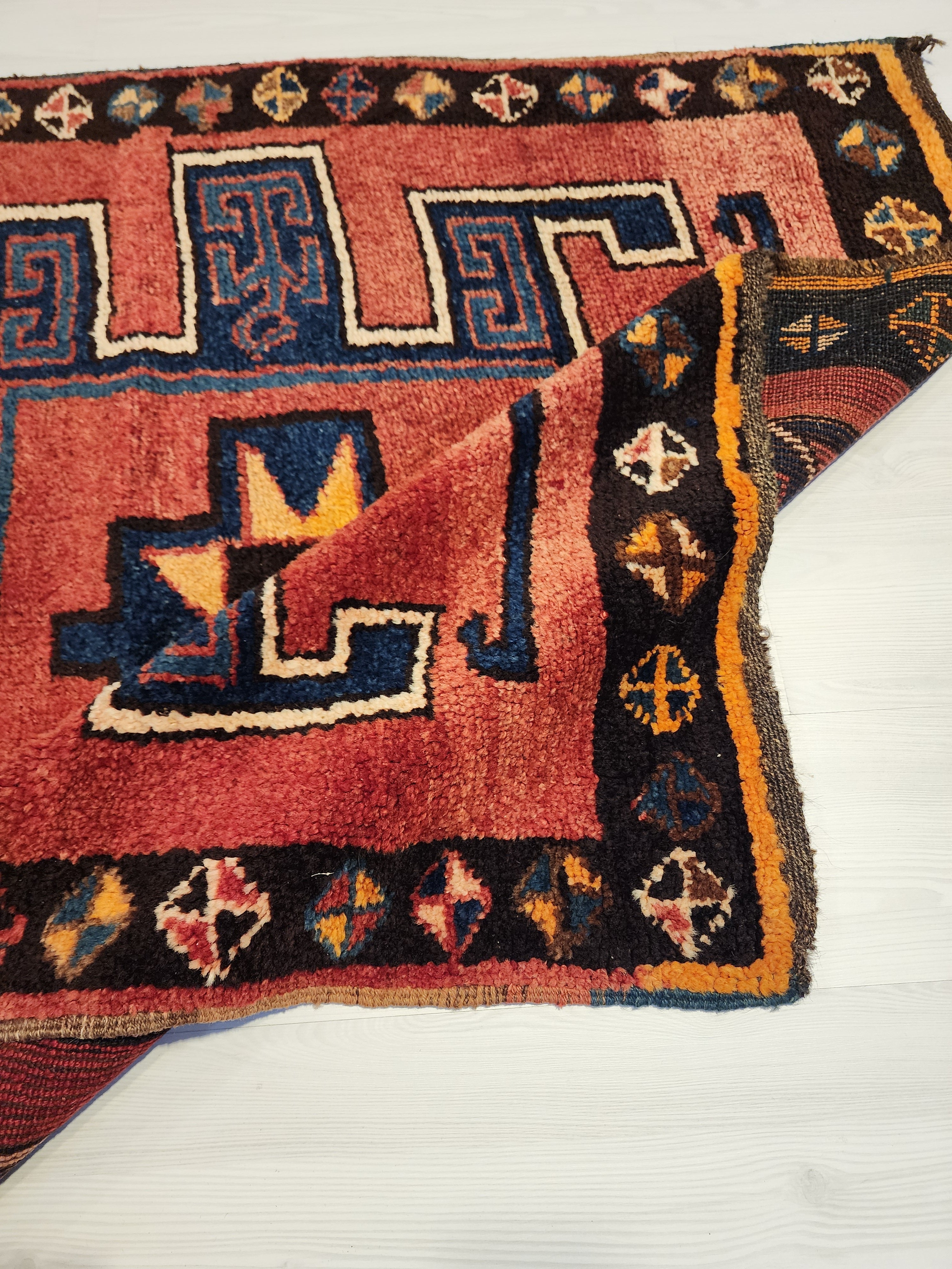 Wide Hallway Turkish Herki Rug 11 x 4 ft Red Blue Boho Rustic Persian