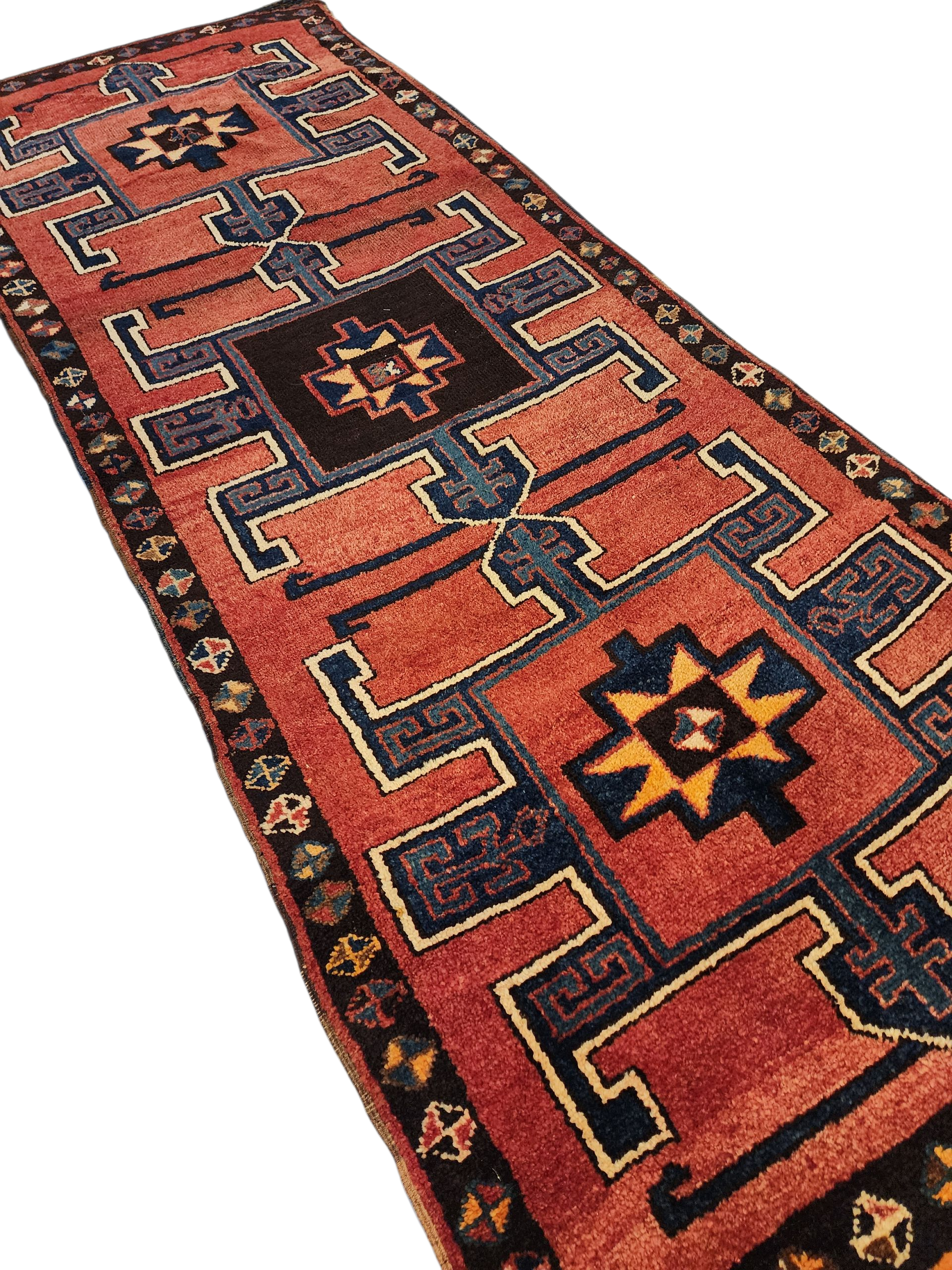 Wide Hallway Turkish Herki Rug 11 x 4 ft Red Blue Boho Rustic Persian Corridor Floor Rug, Vintage Natural Wool Passage Lounge Kitchen Rug