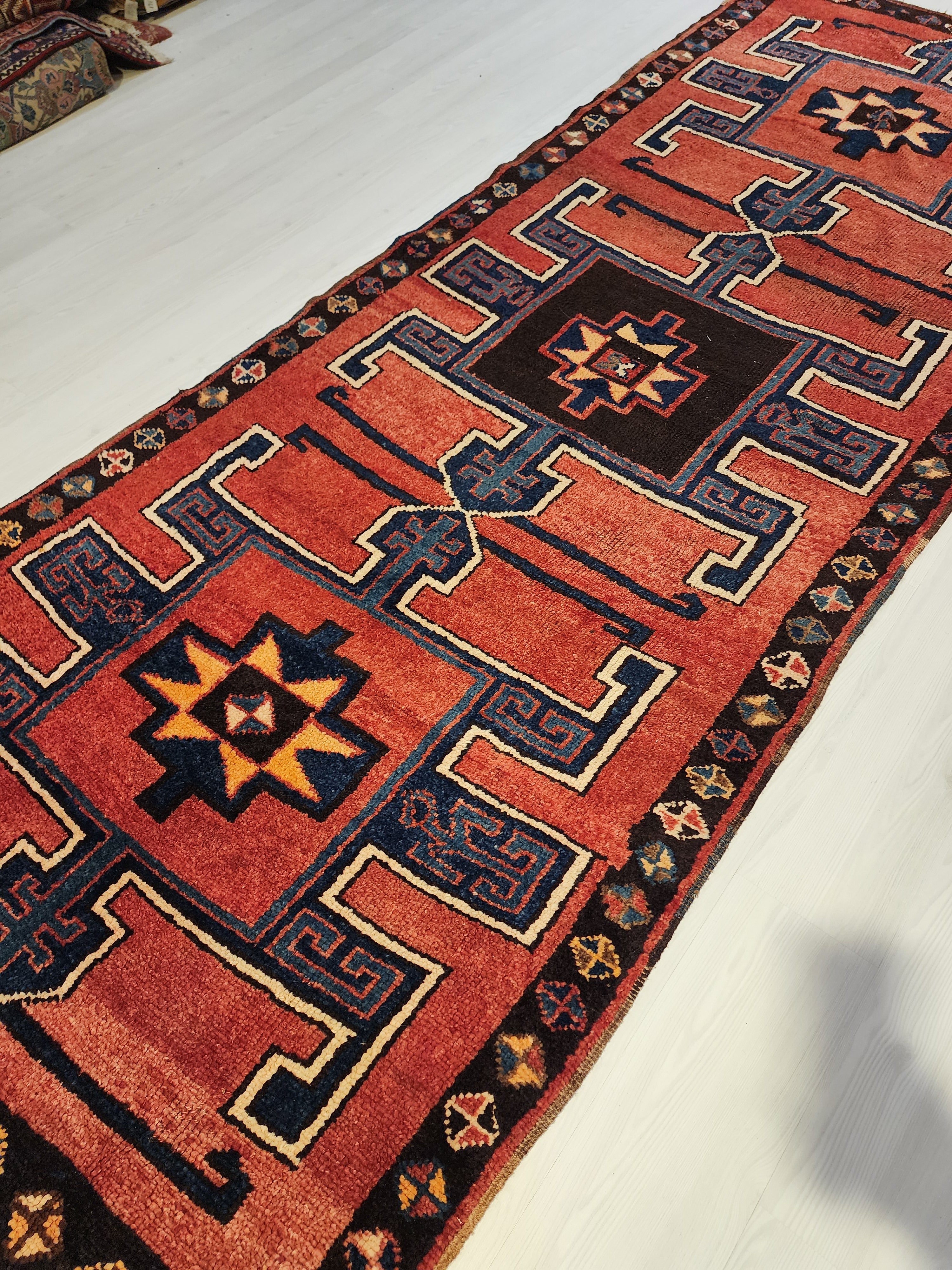 Wide Hallway Turkish Herki Rug 11 x 4 ft Red Blue Boho Rustic Persian Corridor Floor Rug, Vintage Natural Wool Passage Lounge Kitchen Rug