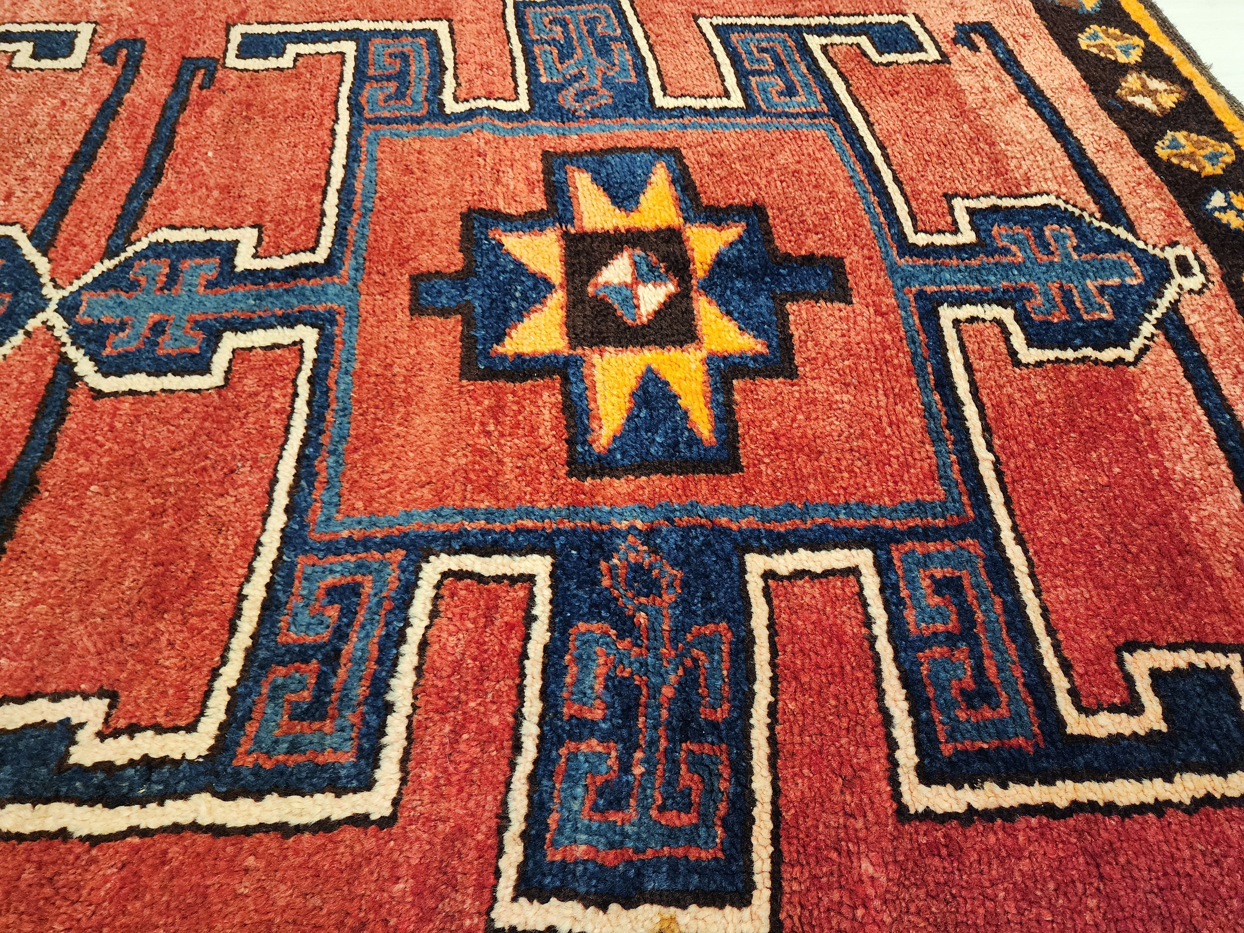 Wide Hallway Turkish Herki Rug 11 x 4 ft Red Blue Boho Rustic Persian