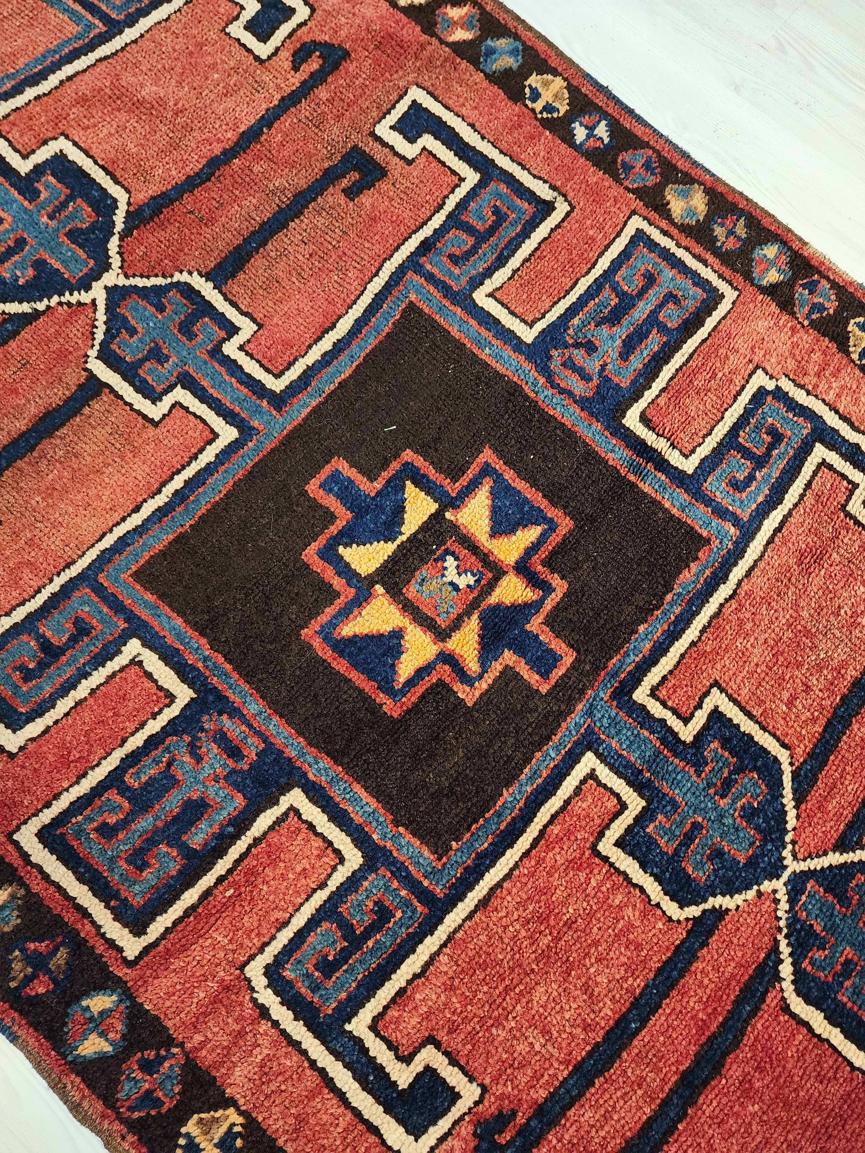 Wide Hallway Turkish Herki Rug 11 x 4 ft Red Blue Boho Rustic Persian Corridor Floor Rug, Vintage Natural Wool Passage Lounge Kitchen Rug