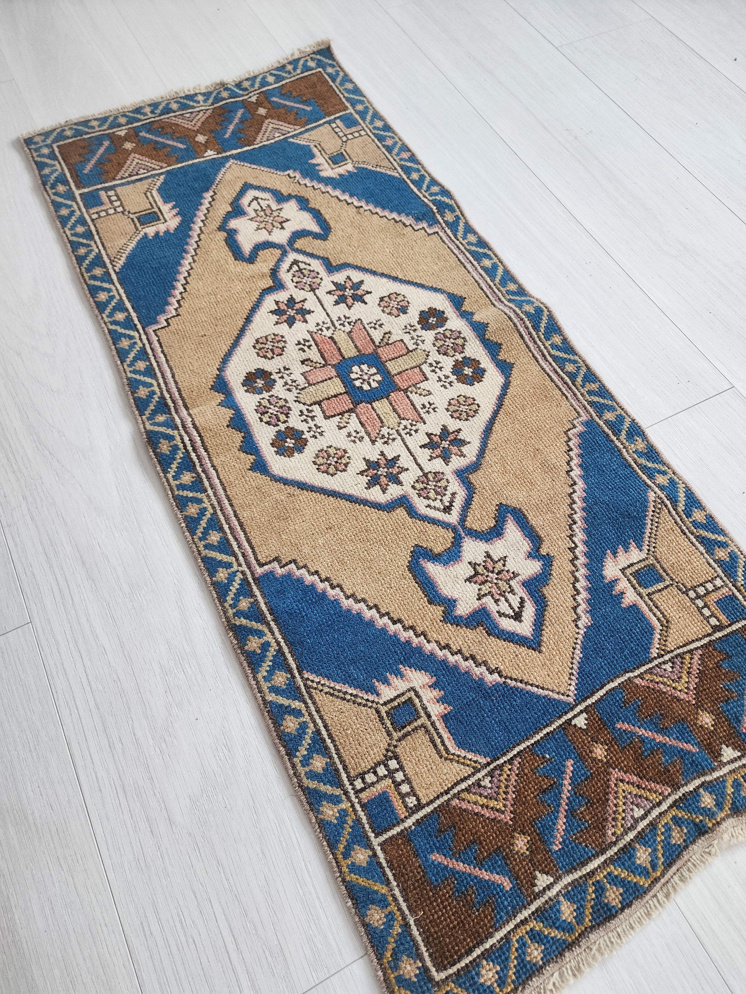 Vintage Turkish Hand-Knotted Rug with Soft Pastel Hues, 3'7''x1'6''