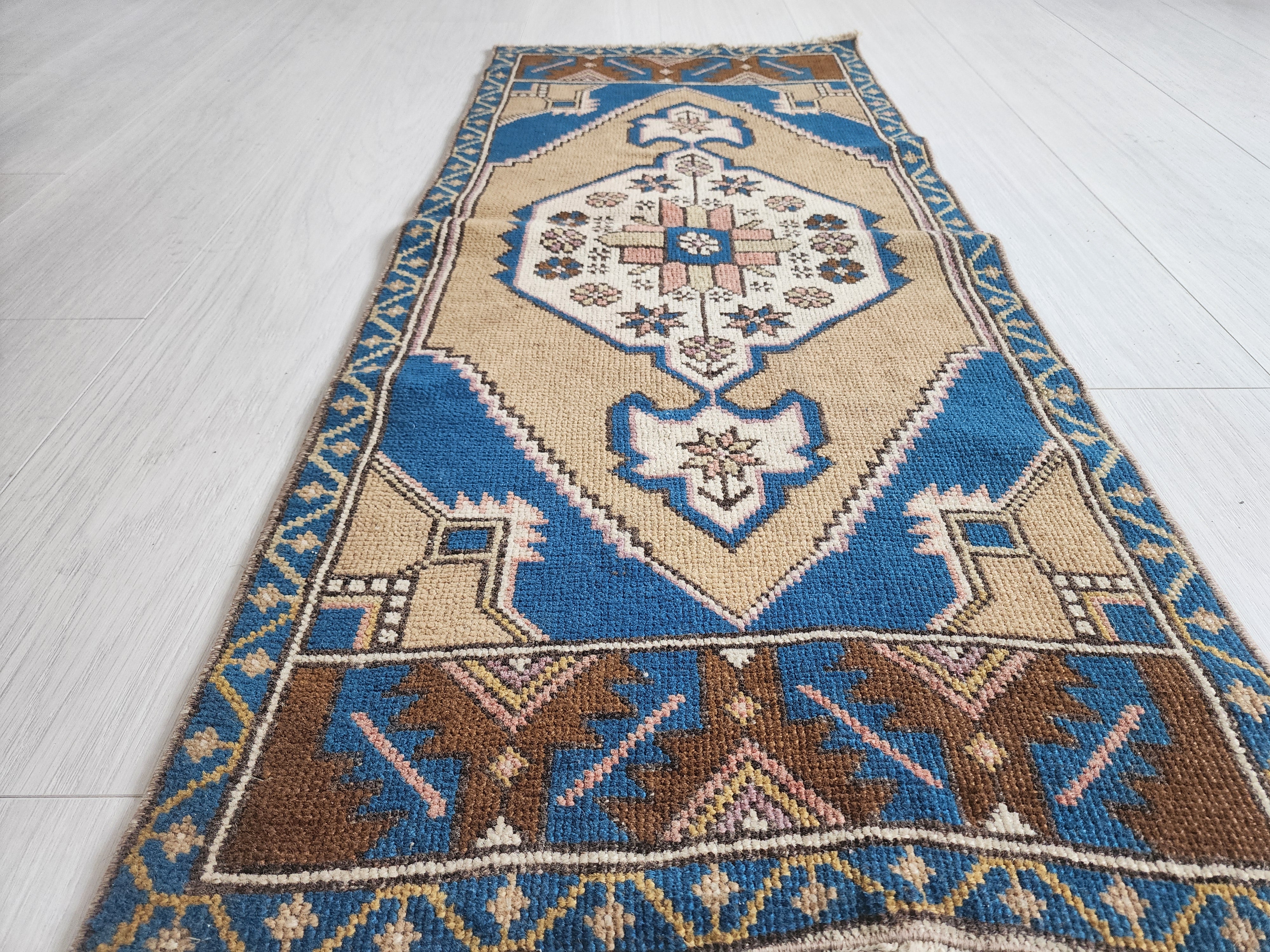 Vintage Turkish Hand-Knotted Rug with Soft Pastel Hues, 3'7''x1'6''