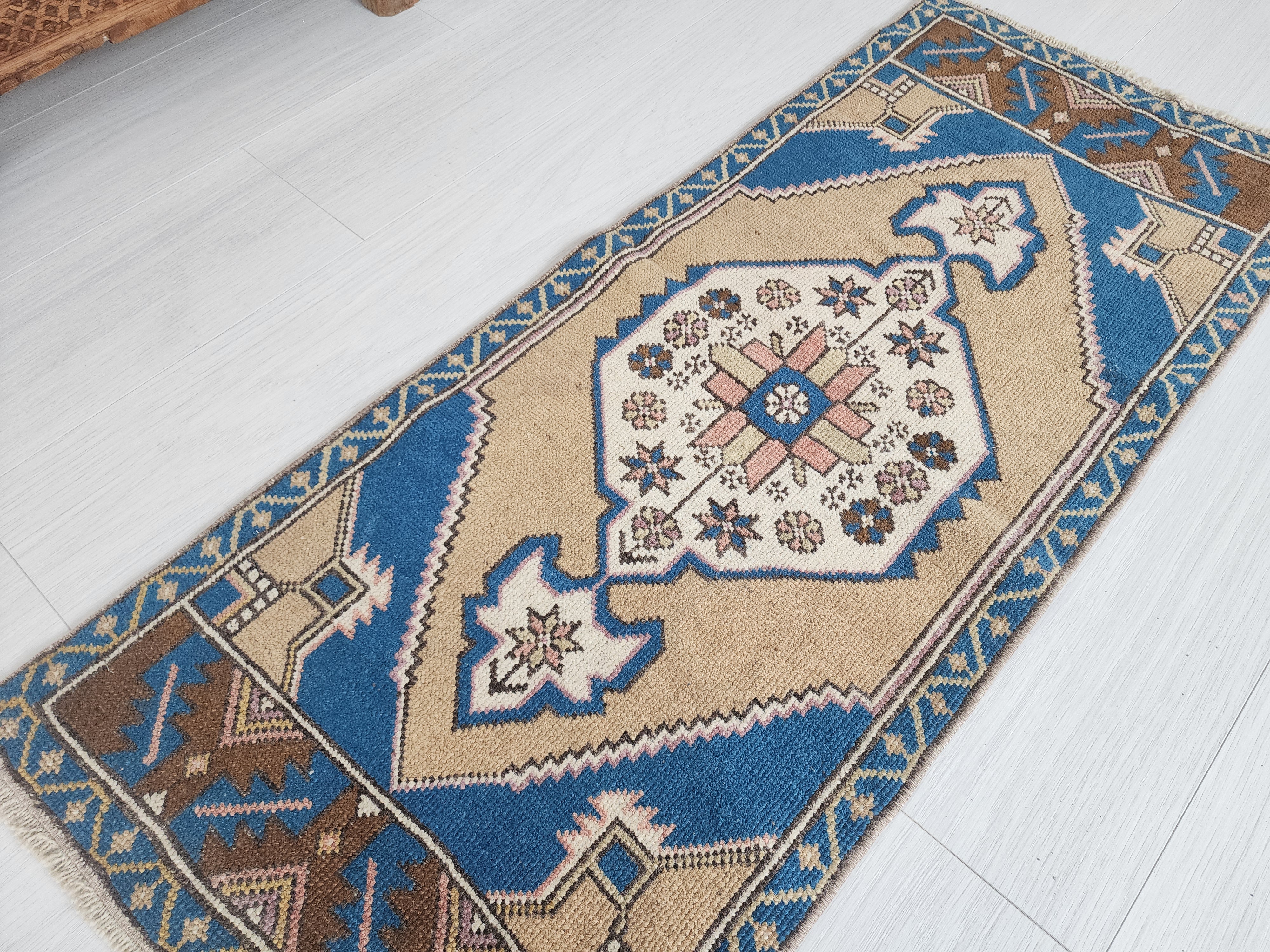 Vintage Turkish Hand-Knotted Rug with Soft Pastel Hues, 3'7''x1'6''