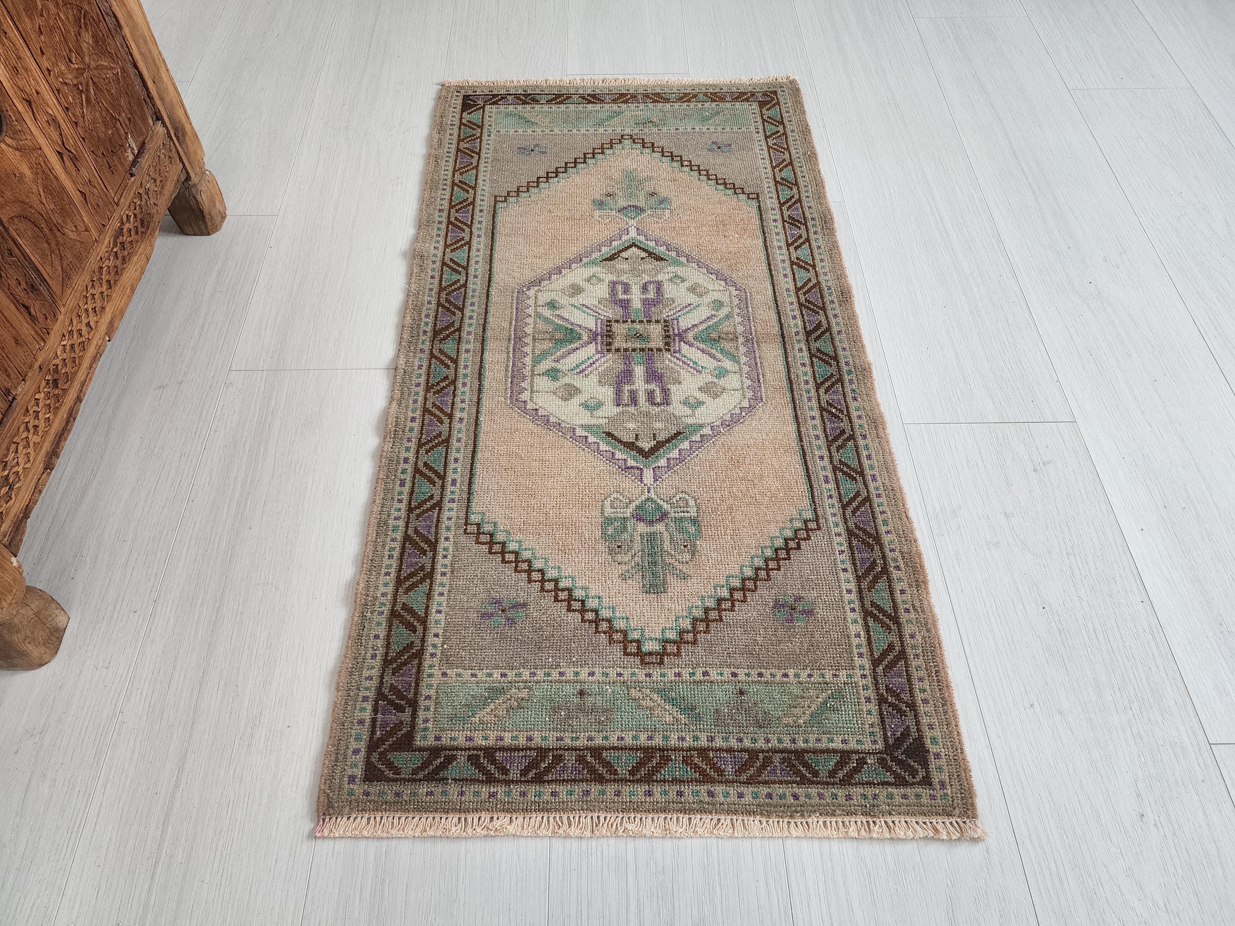 Vintage Turkish Small Rug, 3 ft 5 in x 1 ft 9 in, Pink, Green/Grey and Beige Faded Distressed Antique Style Mat