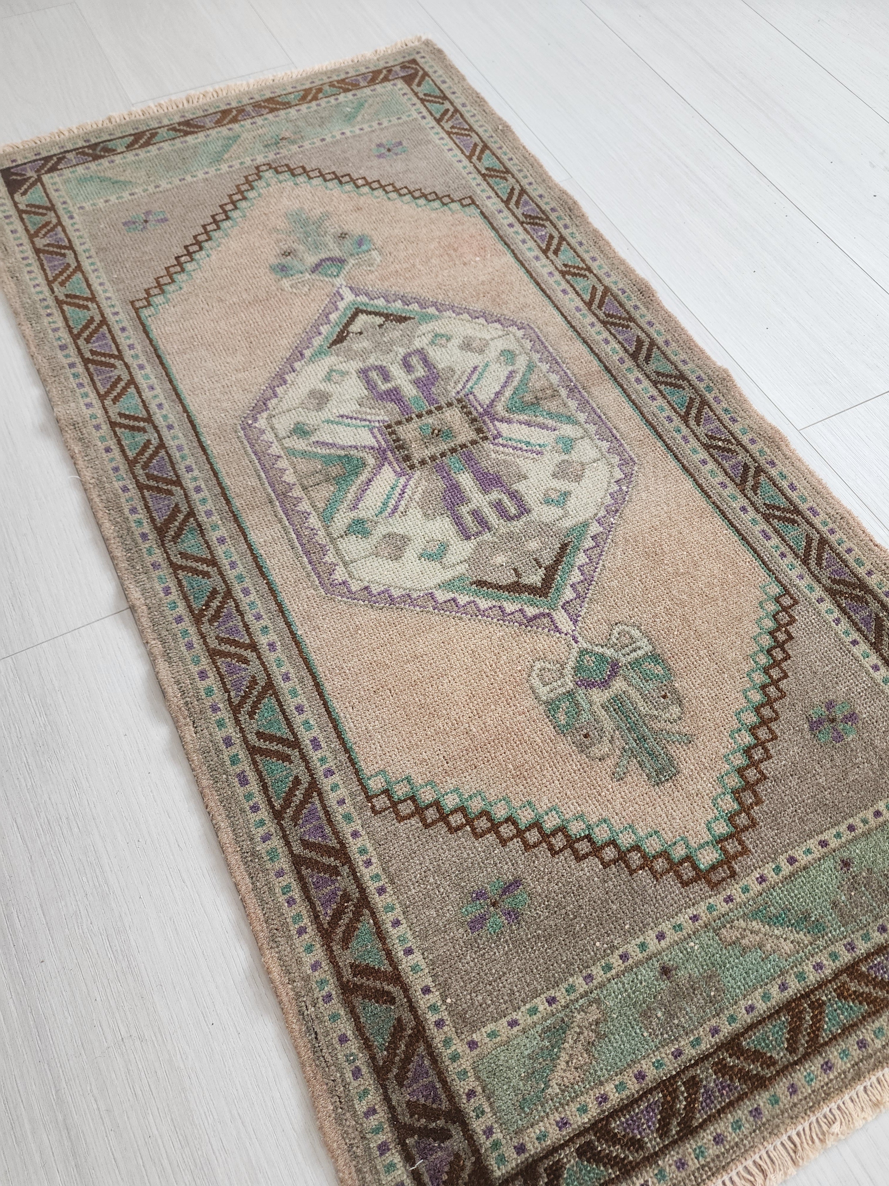 Vintage Turkish Small Rug, 3 ft 5 in x 1 ft 9 in, Pink, Green/Grey and Beige Faded Distressed Antique Style Mat