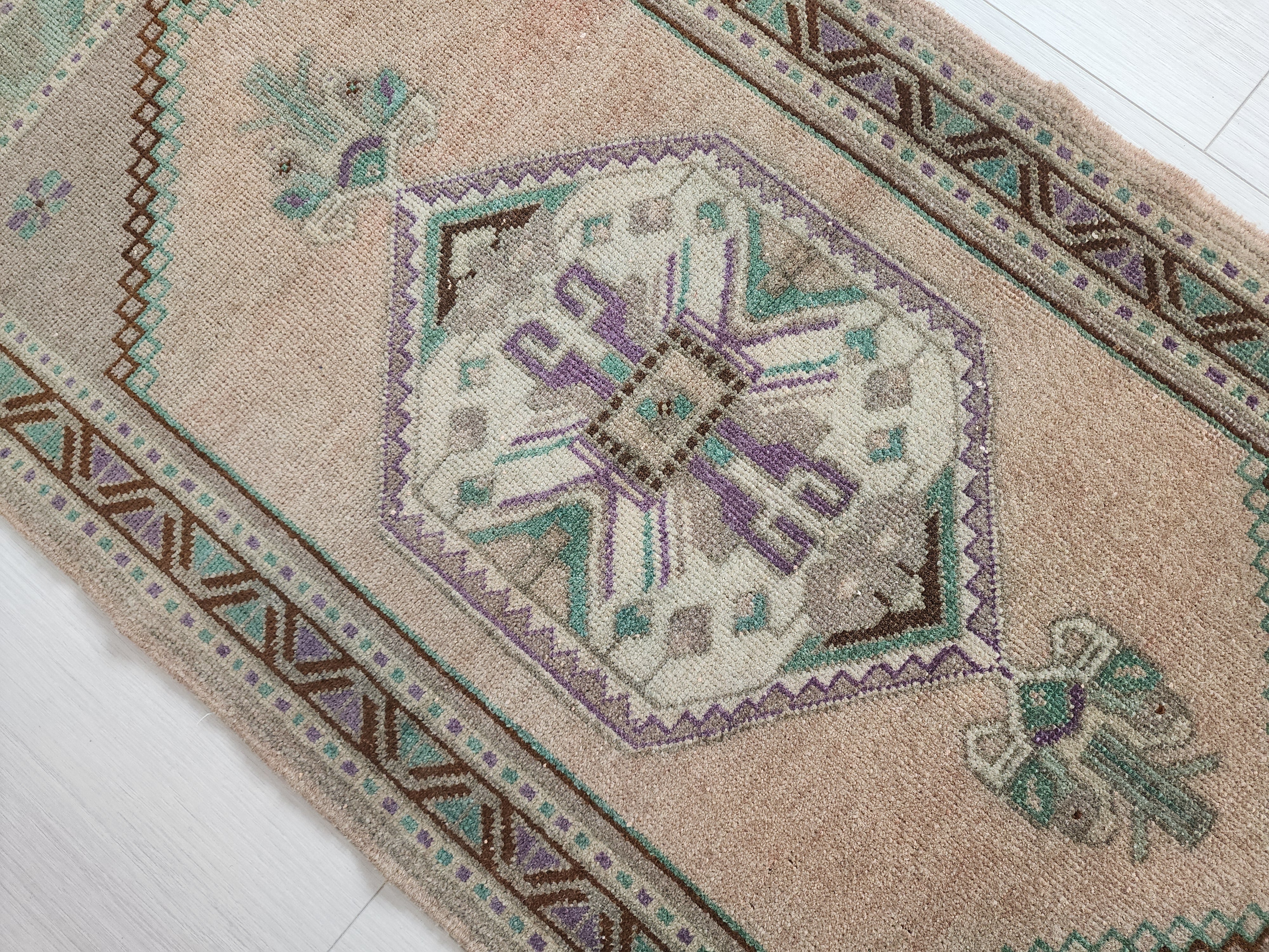 Vintage Turkish Small Rug, 3 ft 5 in x 1 ft 9 in, Pink, Green/Grey and Beige Faded Distressed Antique Style Mat