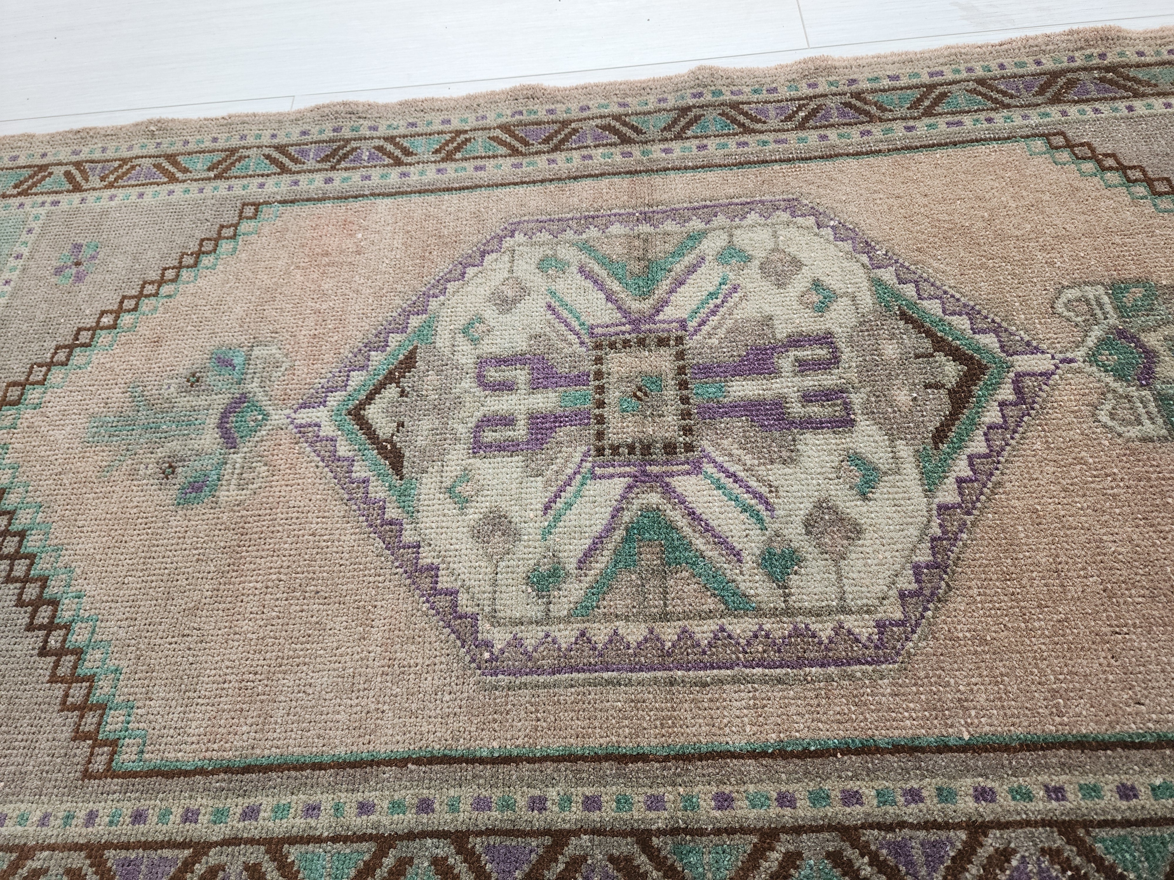 Vintage Turkish Small Rug, 3 ft 5 in x 1 ft 9 in, Pink, Green/Grey and Beige Faded Distressed Antique Style Mat