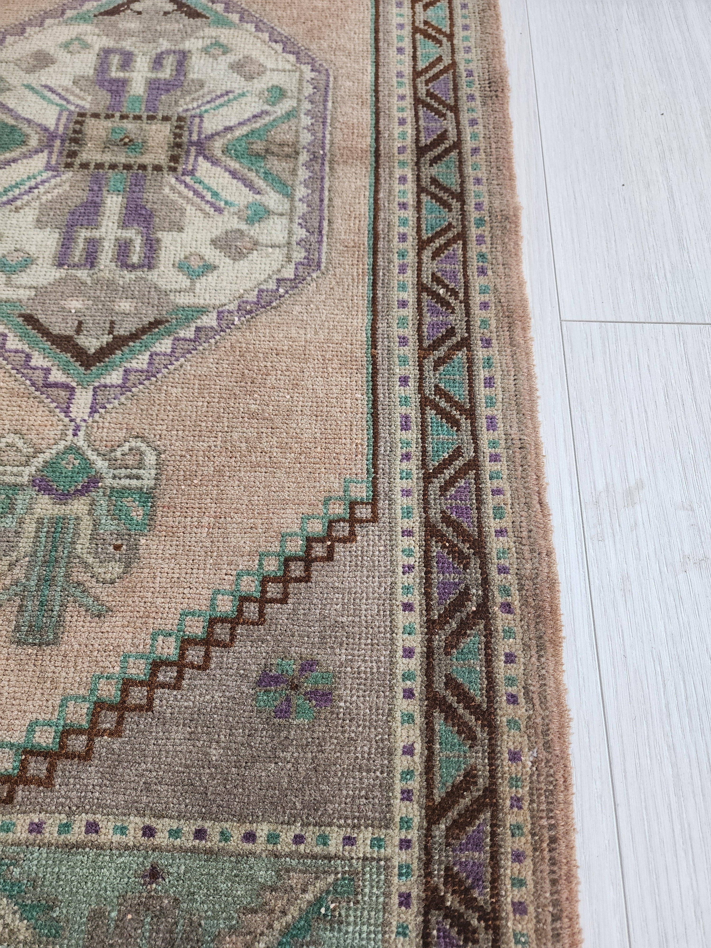 Vintage Turkish Small Rug, 3 ft 5 in x 1 ft 9 in, Pink, Green/Grey and Beige Faded Distressed Antique Style Mat