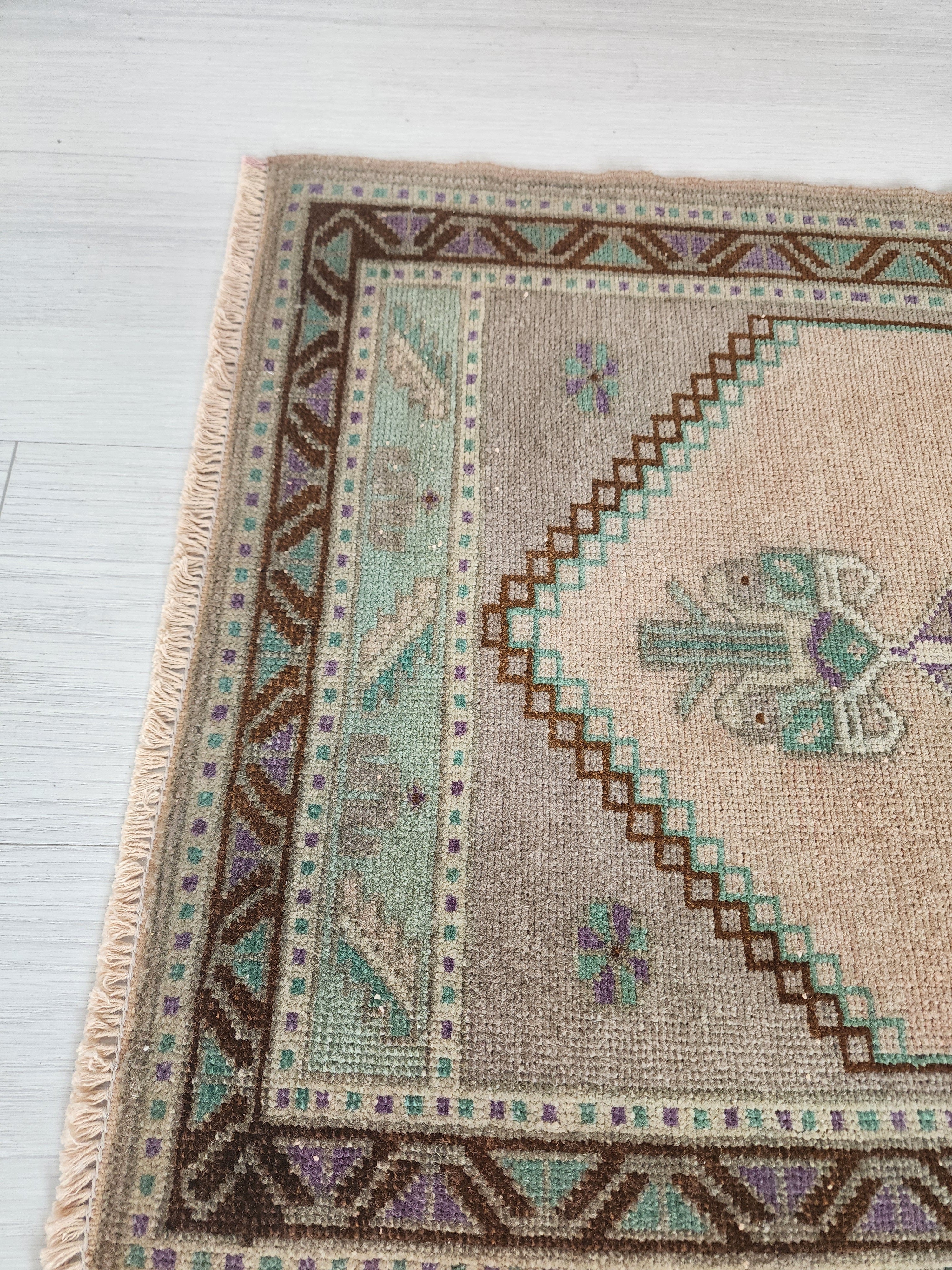 Vintage Turkish Small Rug, 3 ft 5 in x 1 ft 9 in, Pink, Green/Grey and Beige Faded Distressed Antique Style Mat