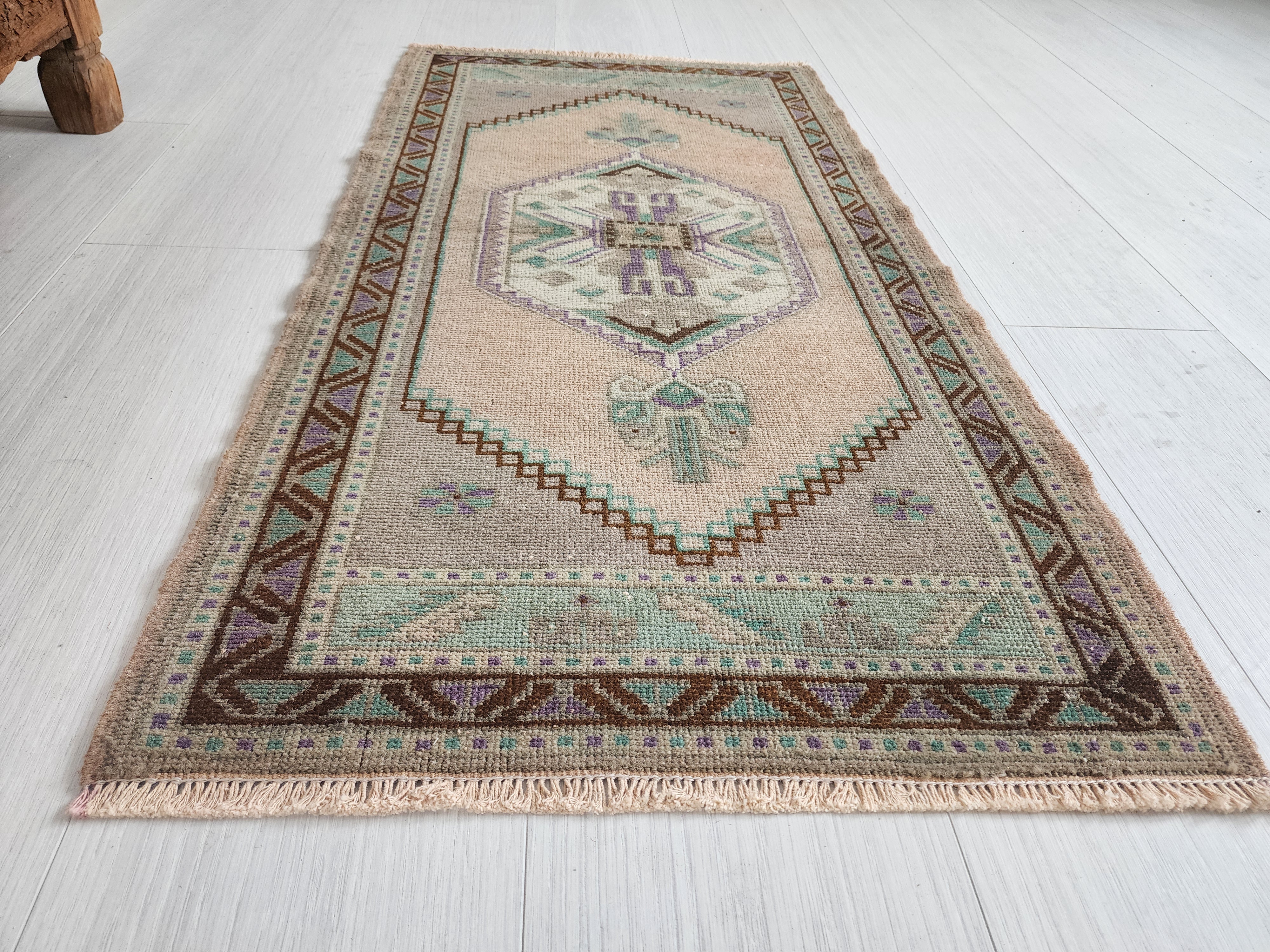 Vintage Turkish Small Rug, 3 ft 5 in x 1 ft 9 in, Pink, Green/Grey and Beige Faded Distressed Antique Style Mat