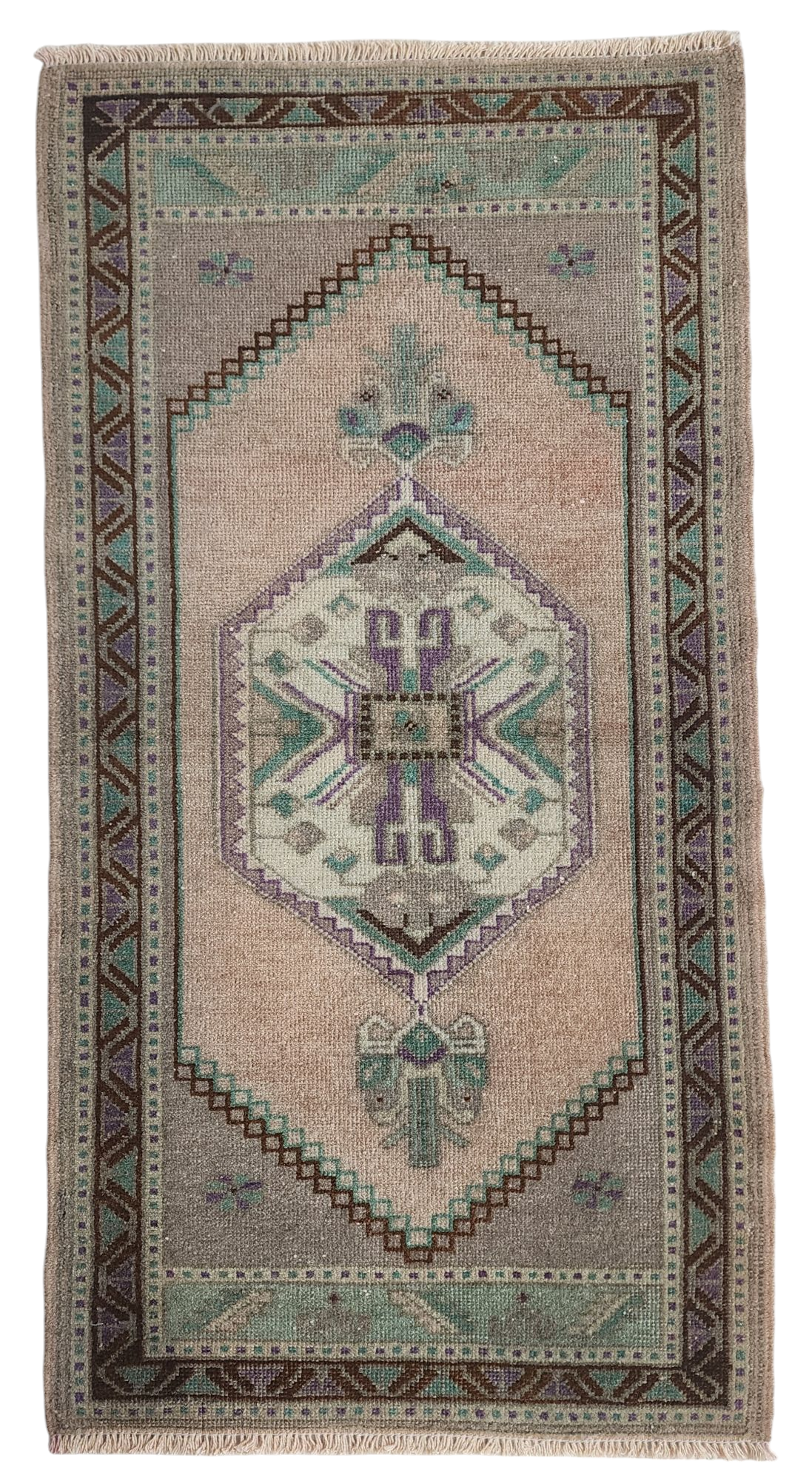 Vintage Turkish Small Rug, 3 ft 5 in x 1 ft 9 in, Pink, Green/Grey and Beige Faded Distressed Antique Style Mat
