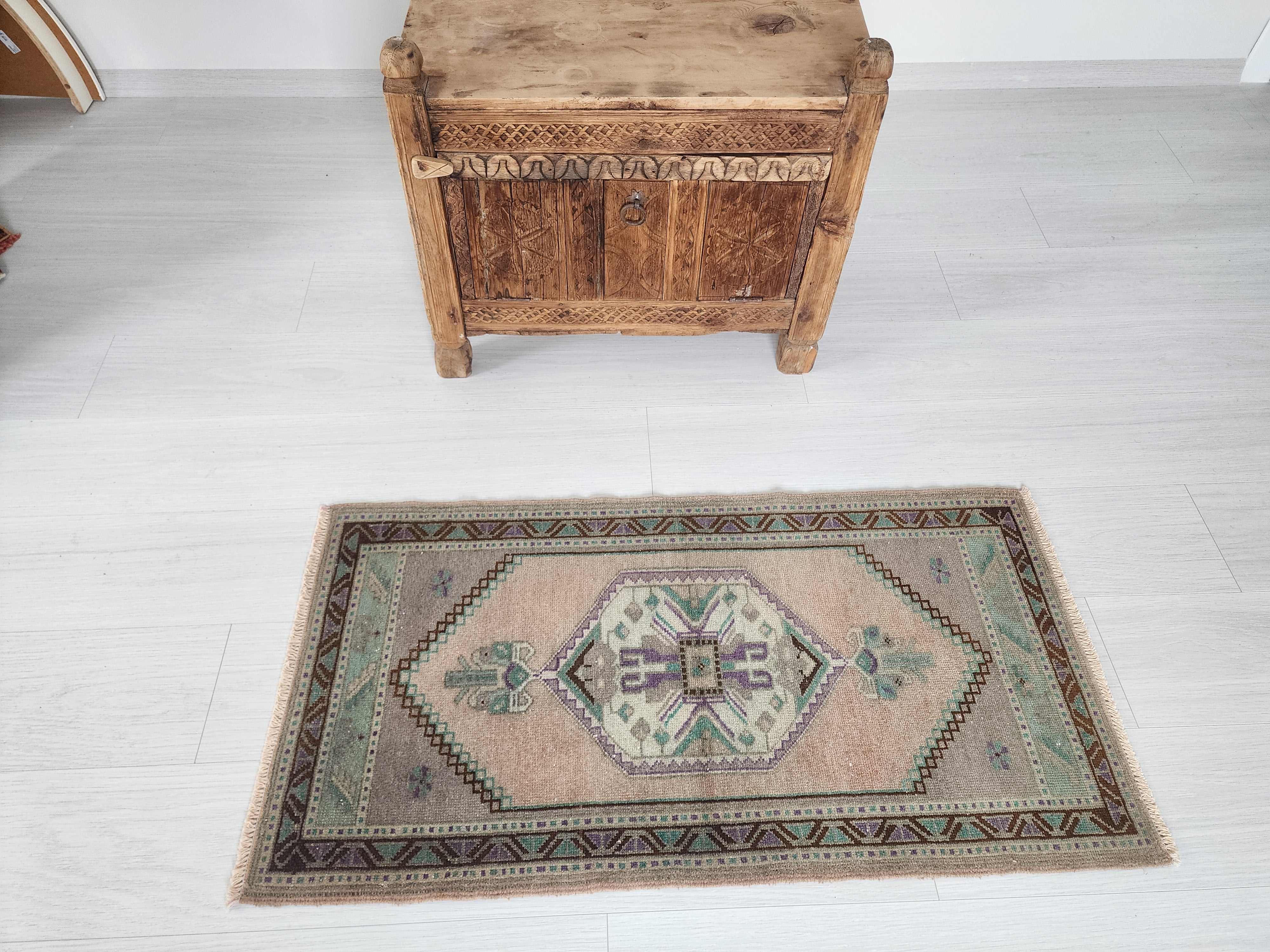 Vintage Turkish Small Rug, 3 ft 5 in x 1 ft 9 in, Pink, Green/Grey and Beige Faded Distressed Antique Style Mat