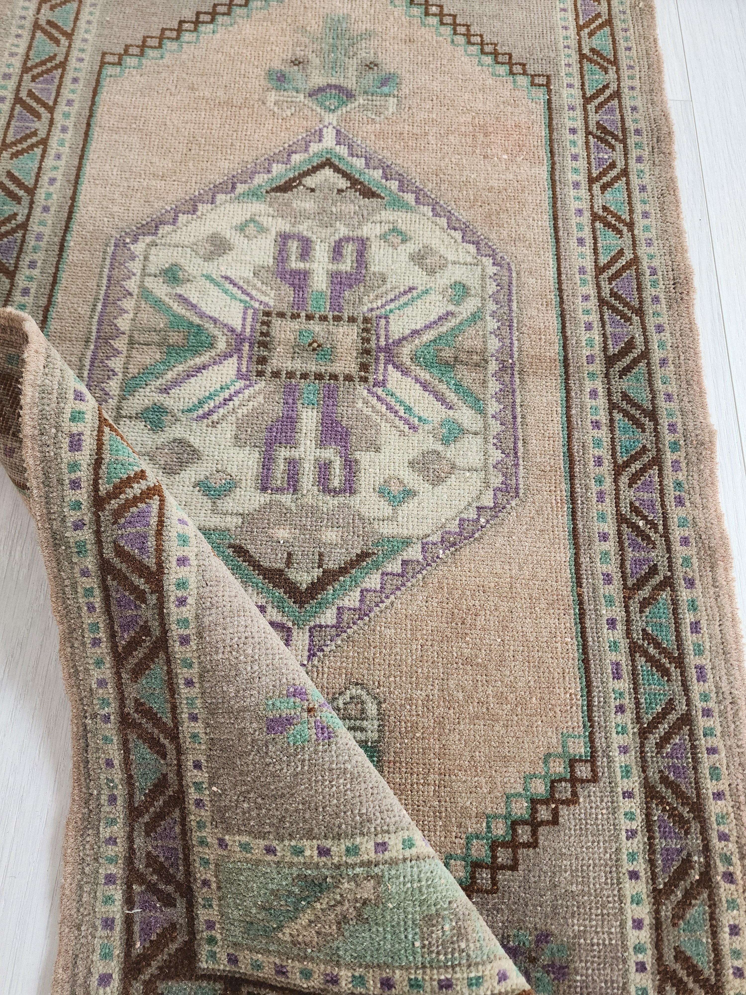Vintage Turkish Small Rug, 3 ft 5 in x 1 ft 9 in, Pink, Green/Grey and Beige Faded Distressed Antique Style Mat