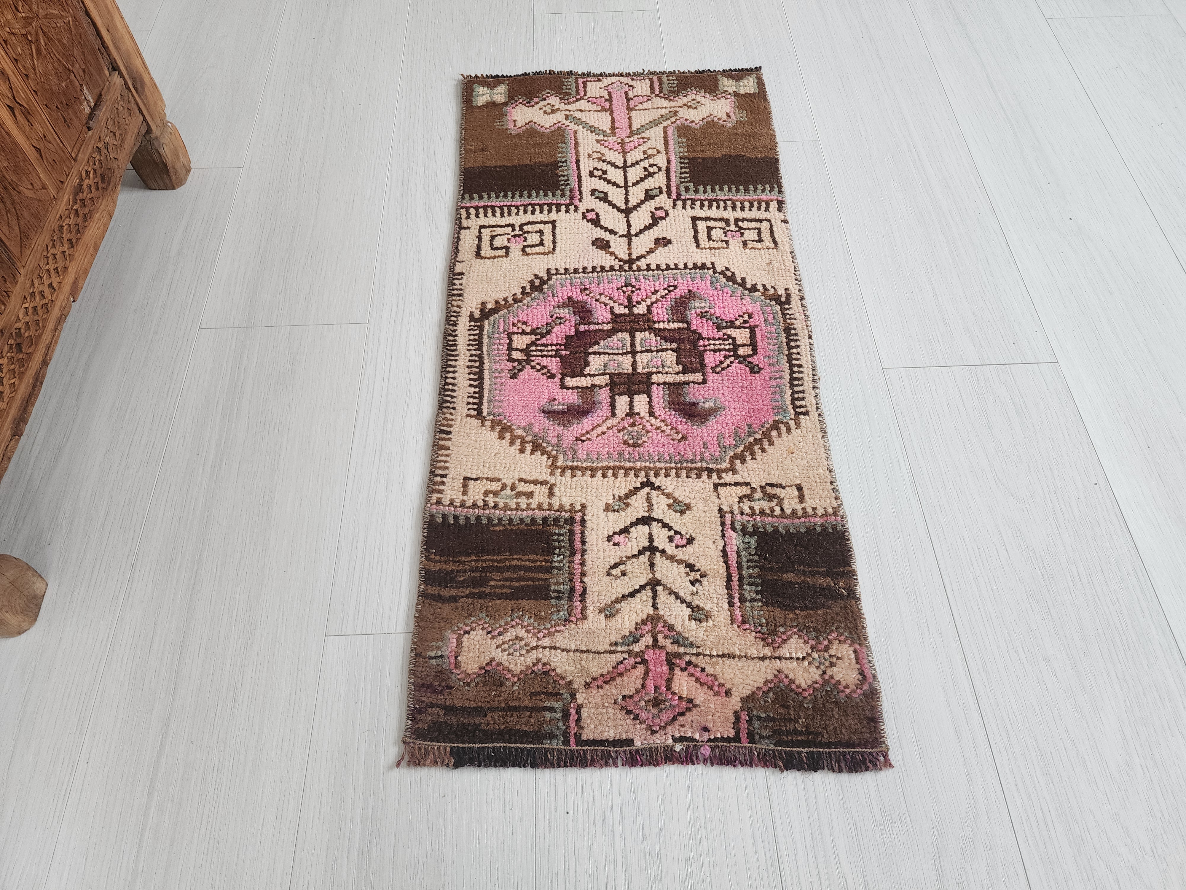 Small Turkish Rug, 3 ft x 1 ft 4 in, Distressed Faded Vintage Mat