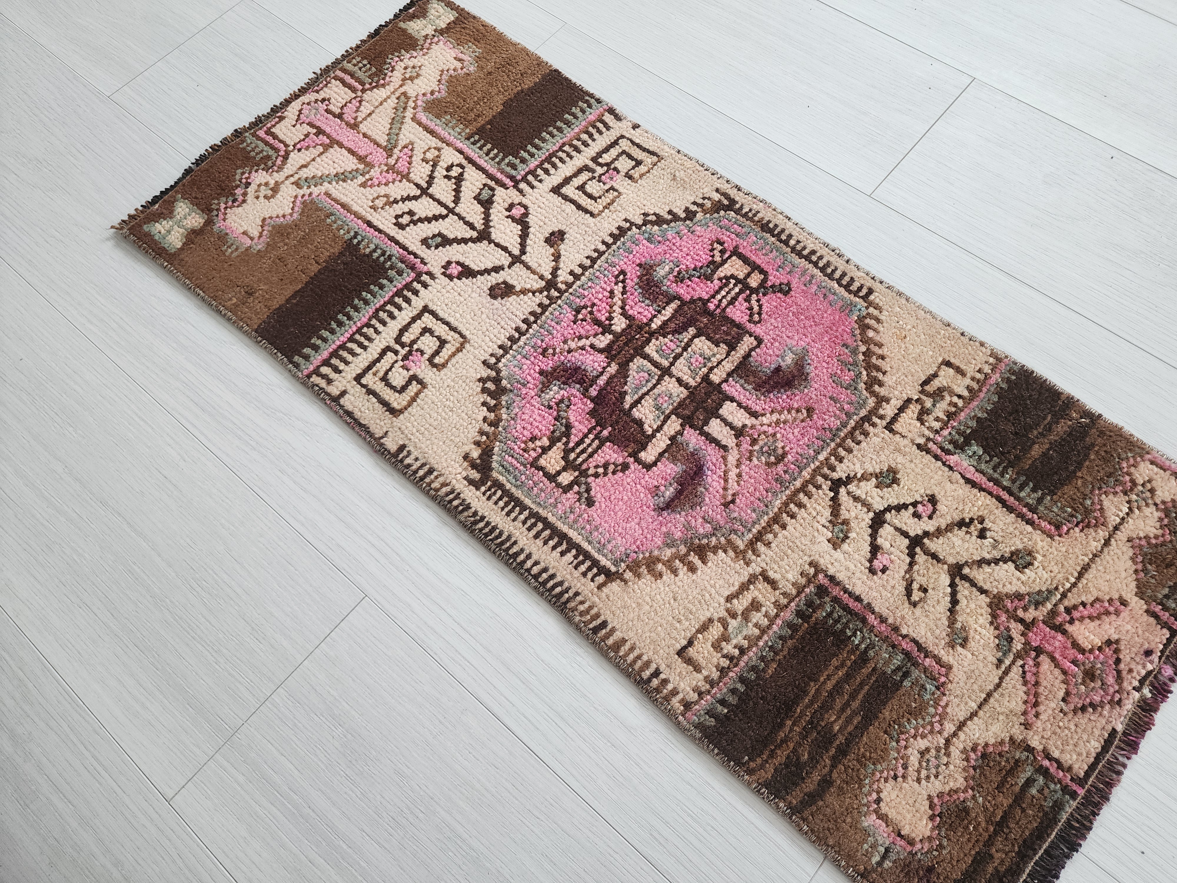 Small Turkish Rug, 3 ft x 1 ft 4 in, Distressed Faded Vintage Mat