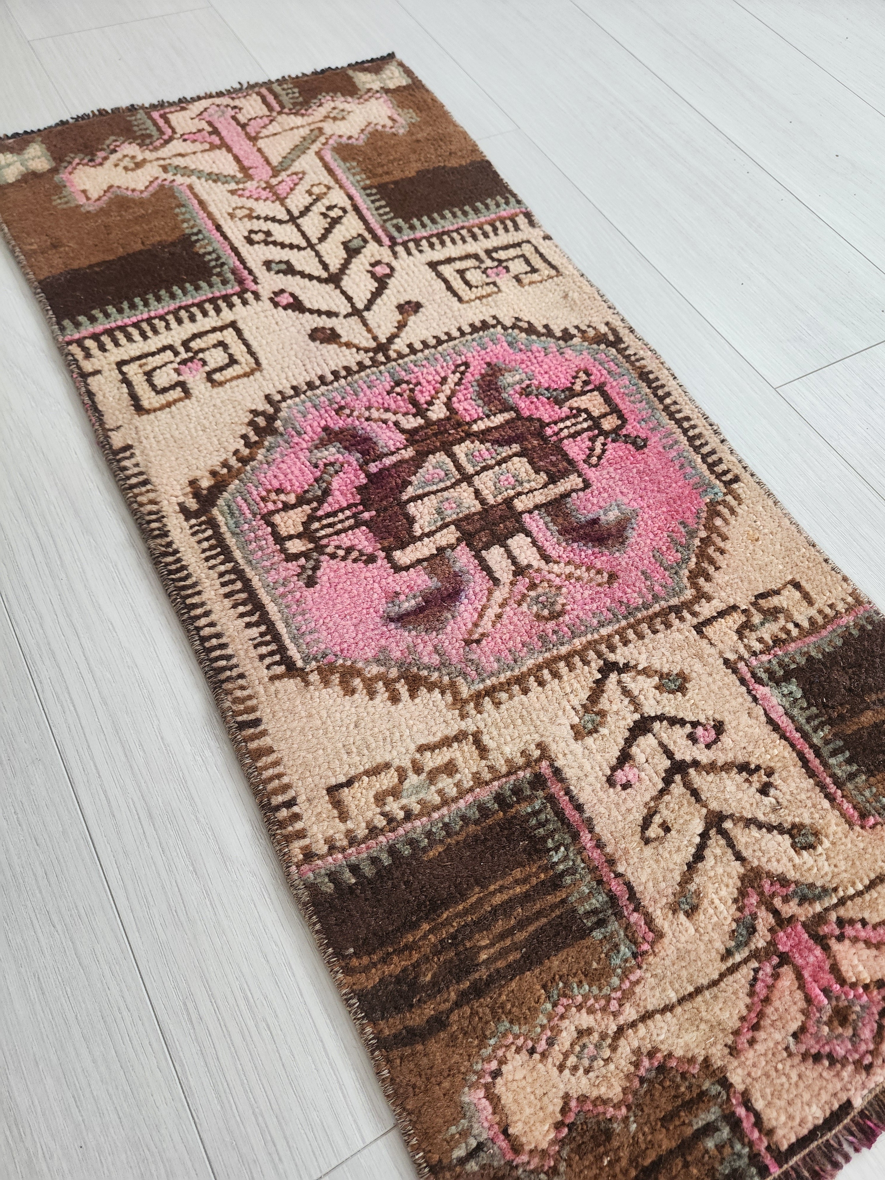 Small Turkish Rug, 3 ft x 1 ft 4 in, Distressed Faded Vintage Mat